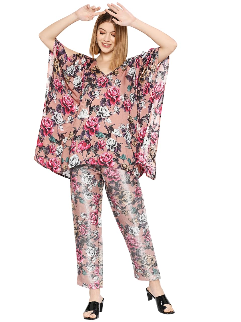 Women Stylish Pink Floral Printed 100% Modal V Neck Slit Sleeves Kaftan Toplin Top for Women-image-1