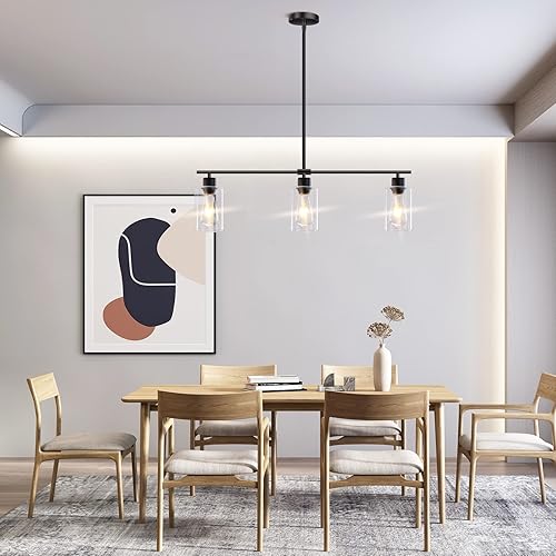 Miniatura 2 de Yarlkav Iluminación de isla de cocina, 3 luces lineales, lámparas colgantes rectangulares para comedor, casa de campo con pantallas de vidrio (negro)