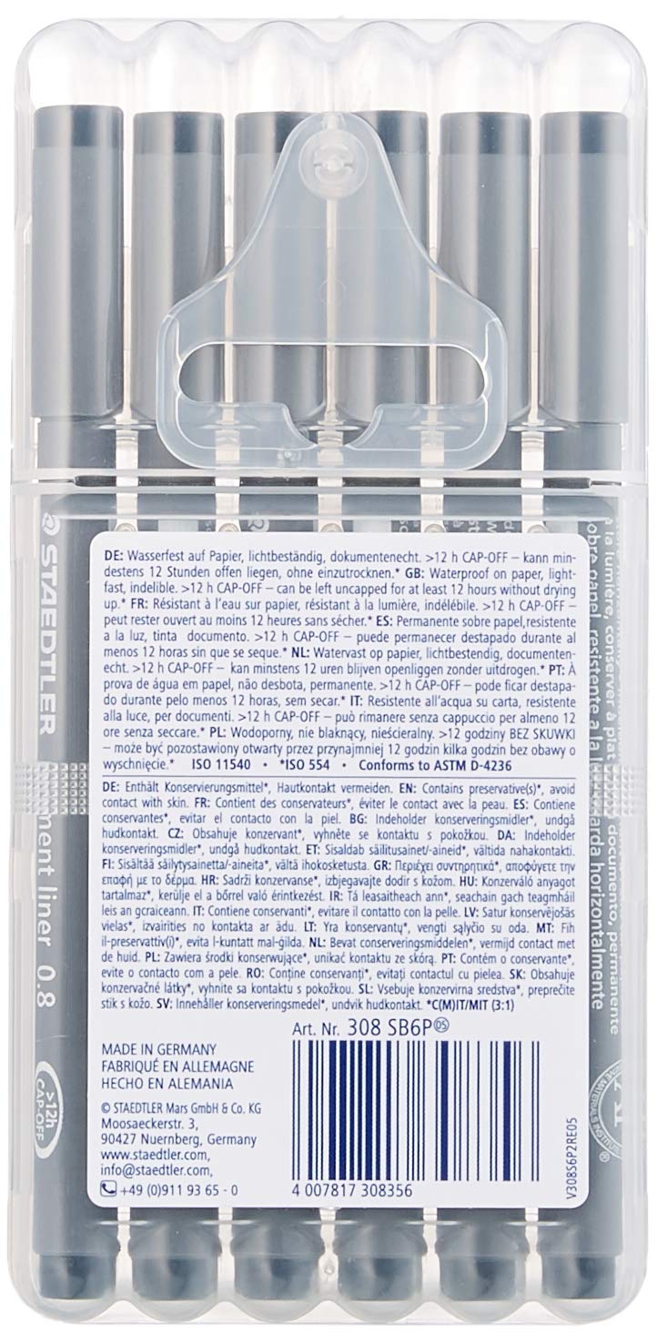 Staedtler 308 SB6P VE Pigment liner 308 – 16 x 6 (4 + 2 gratis) czarny pigmentowany, nietłukący długopis do szkicowania 0,05/0,1/0,2/0,3/0,5/0,8 mm