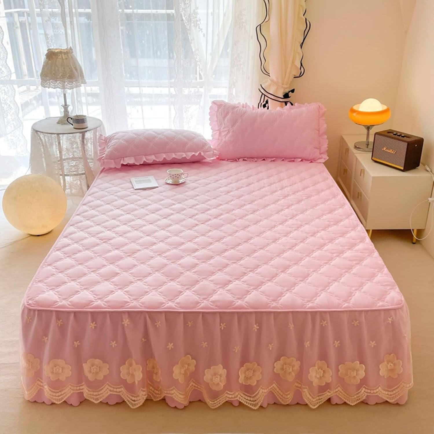 Beydodo Bed Skirt 48 x 78 inch, Bedding Fitted Sheet Green with Embroidered Lace, Polycotton Mattress Protector and Pillowcase Set, 120x200cm