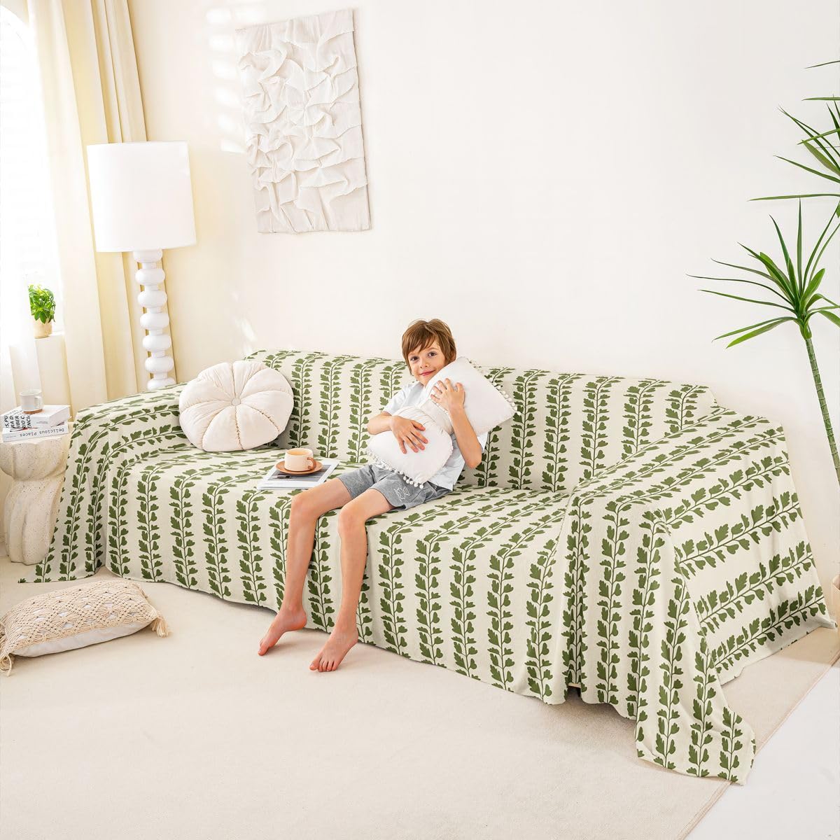 Homewish Boho pokrowiec na kanapę dla zwierząt domowych, botaniczny pokrowiec na kanapę na 2 poduszki, kanapę, sofę, beżowo-zielone, kwiatowe liście, narzuta na sofę, rustykalna narzuta na kanapę, dla