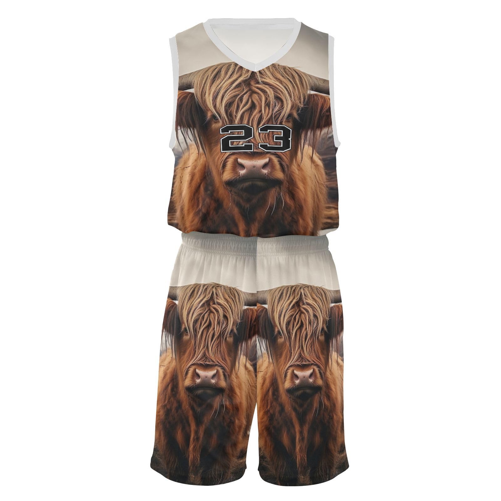 FLildon Highland Cow Boys Basketball Jersey Set Tank Top Shorts Tracksuit Sport Training Suit for Kids
