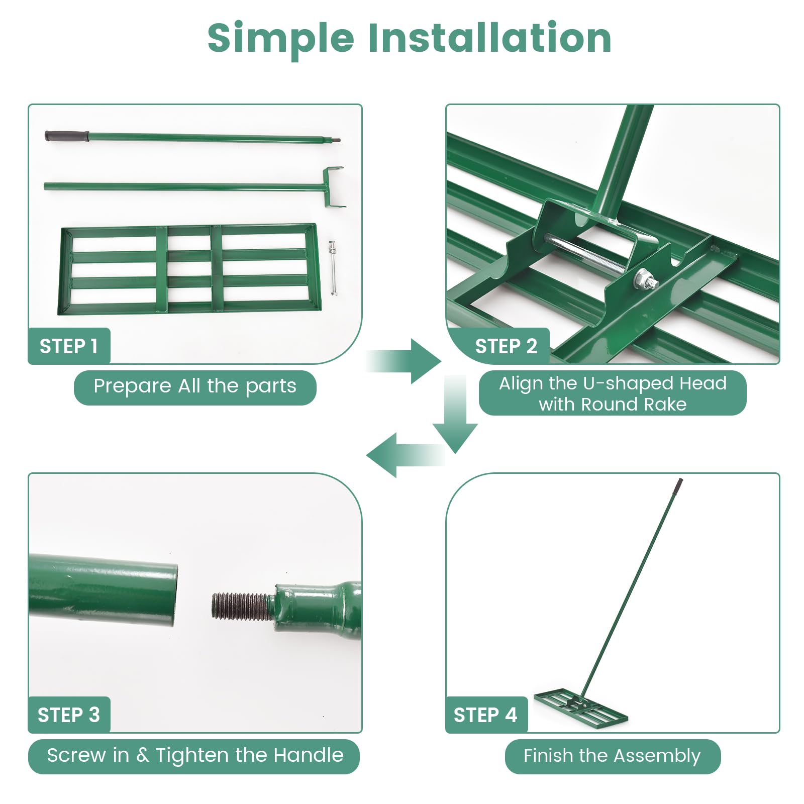 HOMASIS Rastrello Livellatore per Prato in Metallo con Manico Ergonomico e Impugnatura in Gomma, Rastrello per Foglie, Attrezzo per Prato per Campo da Golf e Cortile (Verde, 91 x 25 x 170 cm)