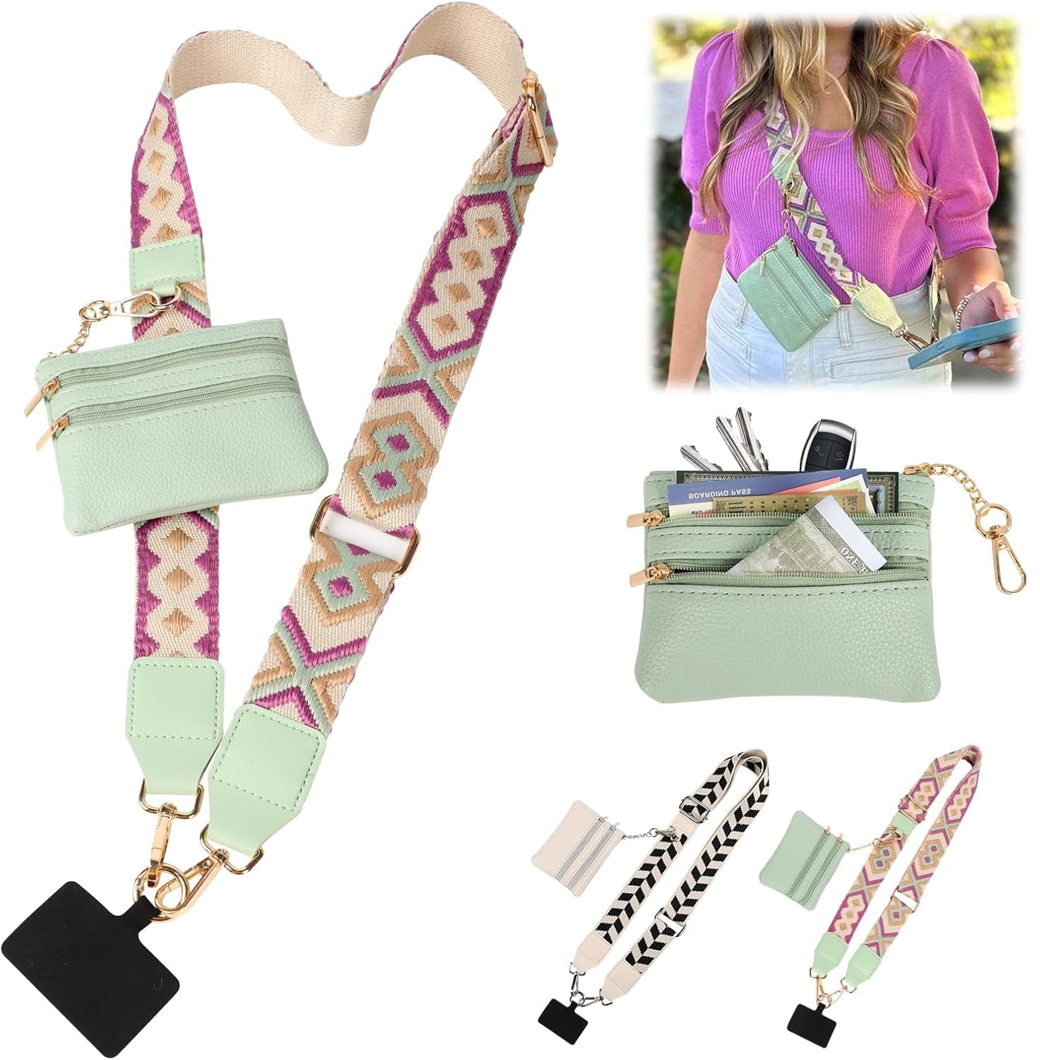 KELVEE Phone Strap with Zippered Pouch, Detachable Clip and Go Strap with Leather Wallet Crossbody Adjustable Chain Lanyard Mobile String for All Phones Sling Case, Gift for Stylish Women (Green) KELVEE Phone Strap with Zippered Pouch, Detachable Clip and Go Strap with Leather Wallet Crossbody Adjustable Chain Lanyard Mobile String for All Phones Sling Case, Gift for Stylish Women (Green)