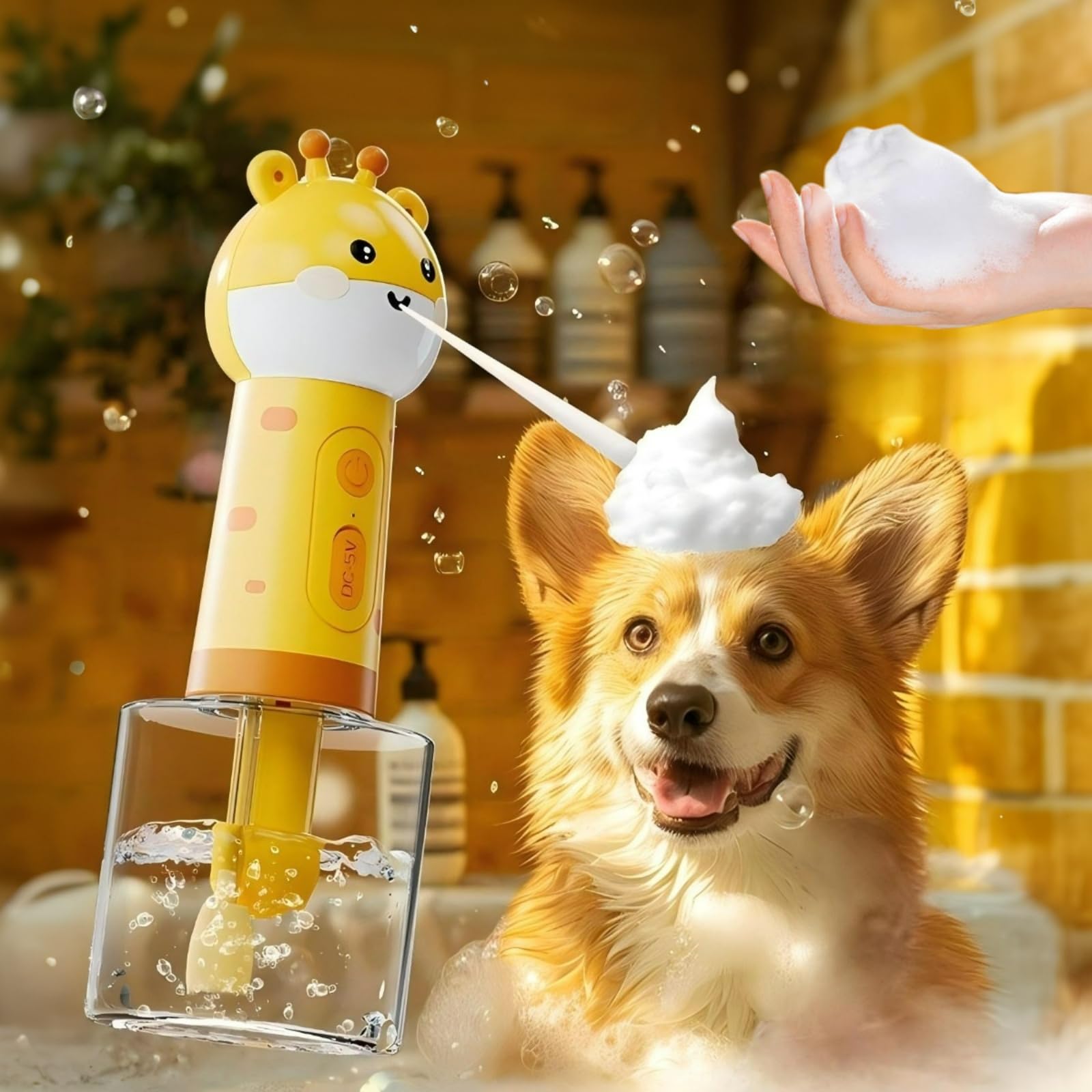 Rechargable Electric Dog Bath Sprayer,Automatic Foaming Soap Dispenser for Dogs Cats,1800mAh IPX6 Waterproof,Wash Foam Machine,Bath Bubble Maker Deep Cleaning Pet Fur,for Bathroom & Kitchen (Giraffe)