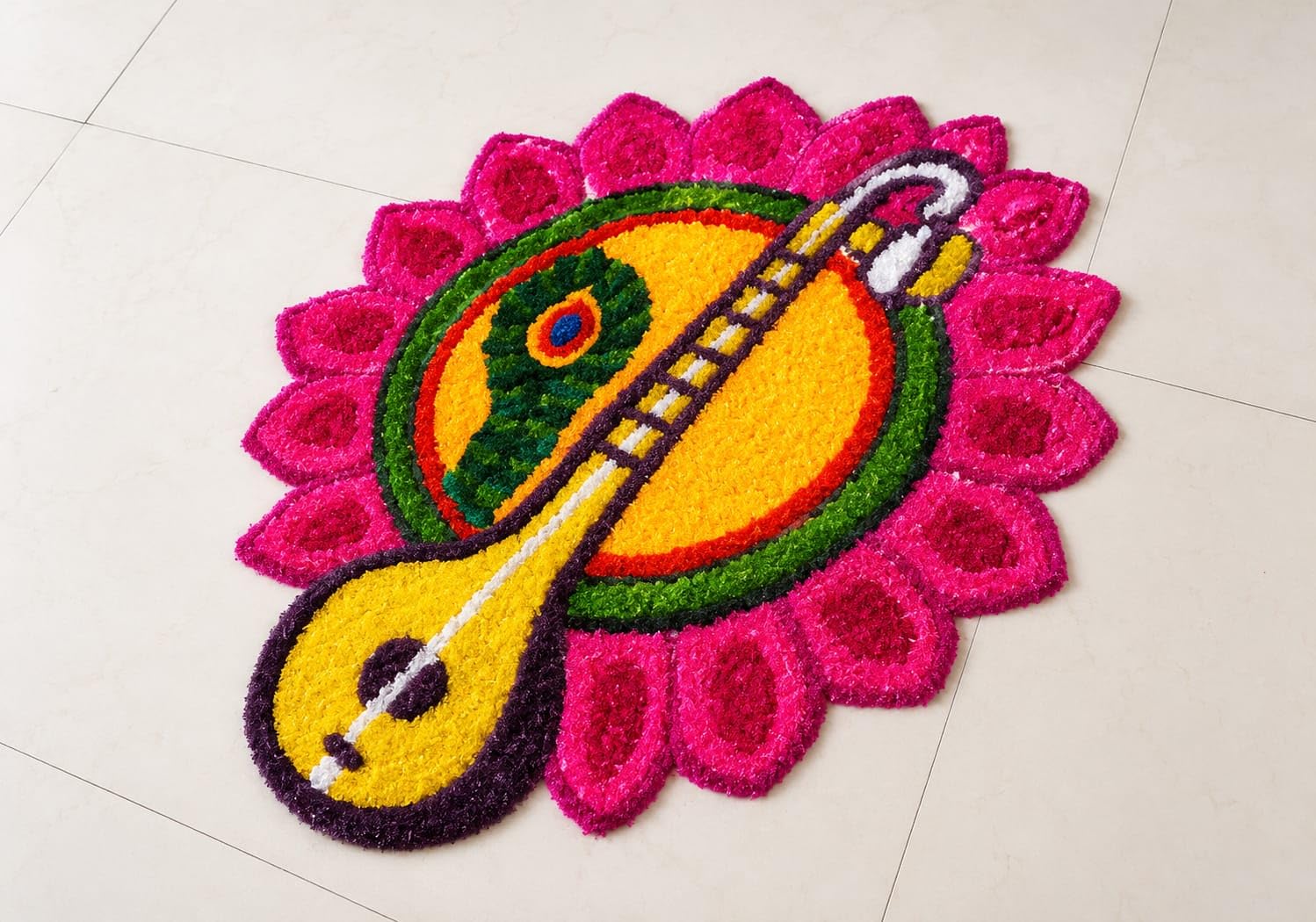 Handmade Veena Design Rangoli Mat for Home Entrance | Reusable Festival Floor Decoration | Decorative Floral Rangoli for Diwali, Vasant Panchami, Navratri, Pooja & Housewarming-image-28