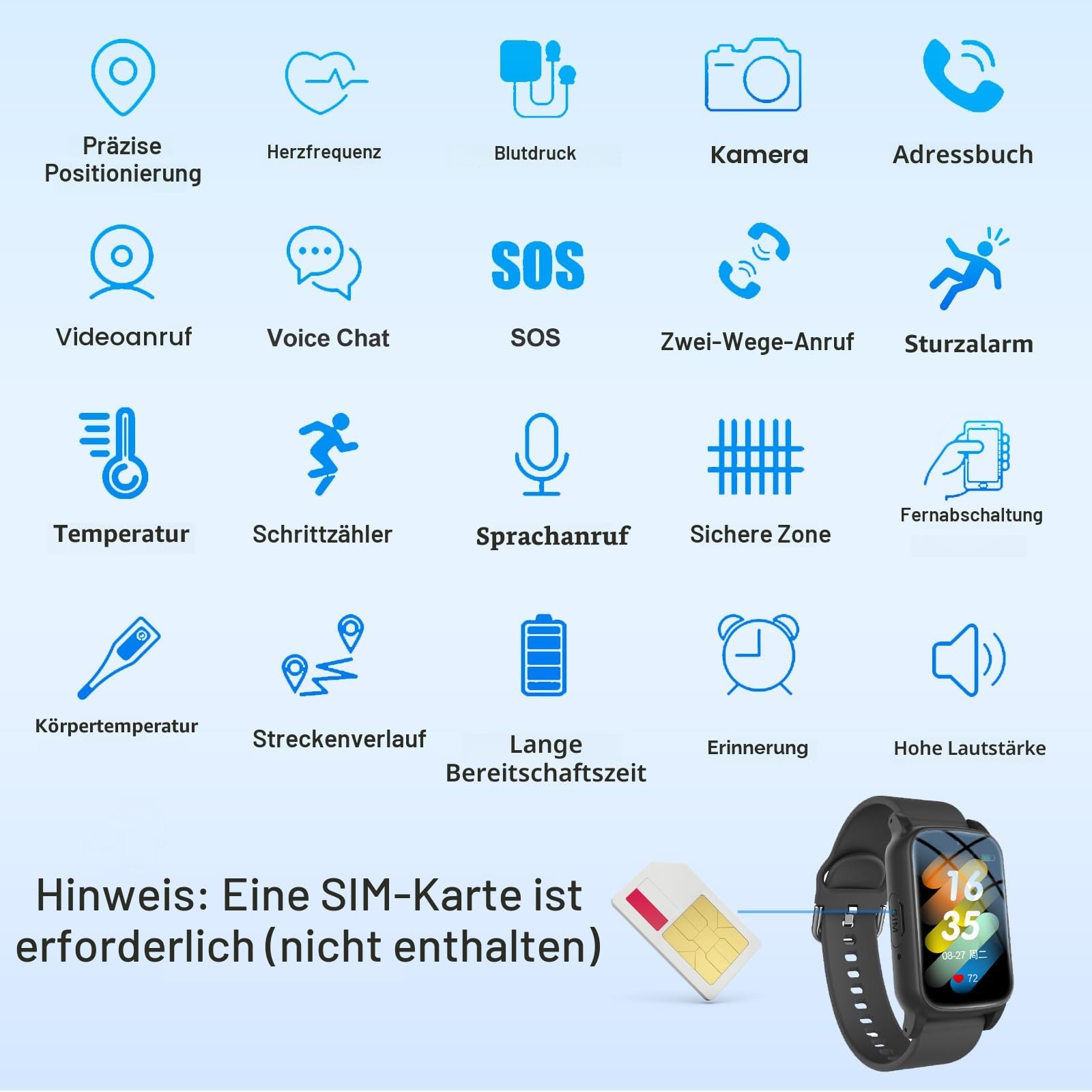 GPS Smartwatch für Senioren mit Sturzerkennung SOS Notruf HD Videoanruf IP67 Wasserdicht GPS Tracker für Demenz Alzheimer Pflege,Schwarz