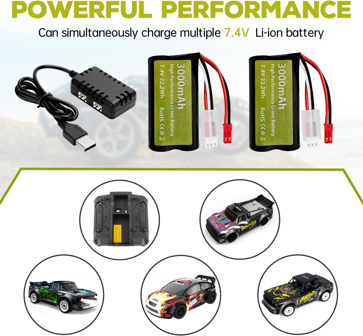 YUNIQUE GREEN-CLEAN-POWER - 2 Pezzi 7.4V 3000mah 15C 2S batteria agli ioni di litio con spina JST-2P con caricabatterie 2-in-1 per UDIRC UD1601 UD1602 SG1603 RC Car 1/10, 1/12, 1/16 Scala Truck RC