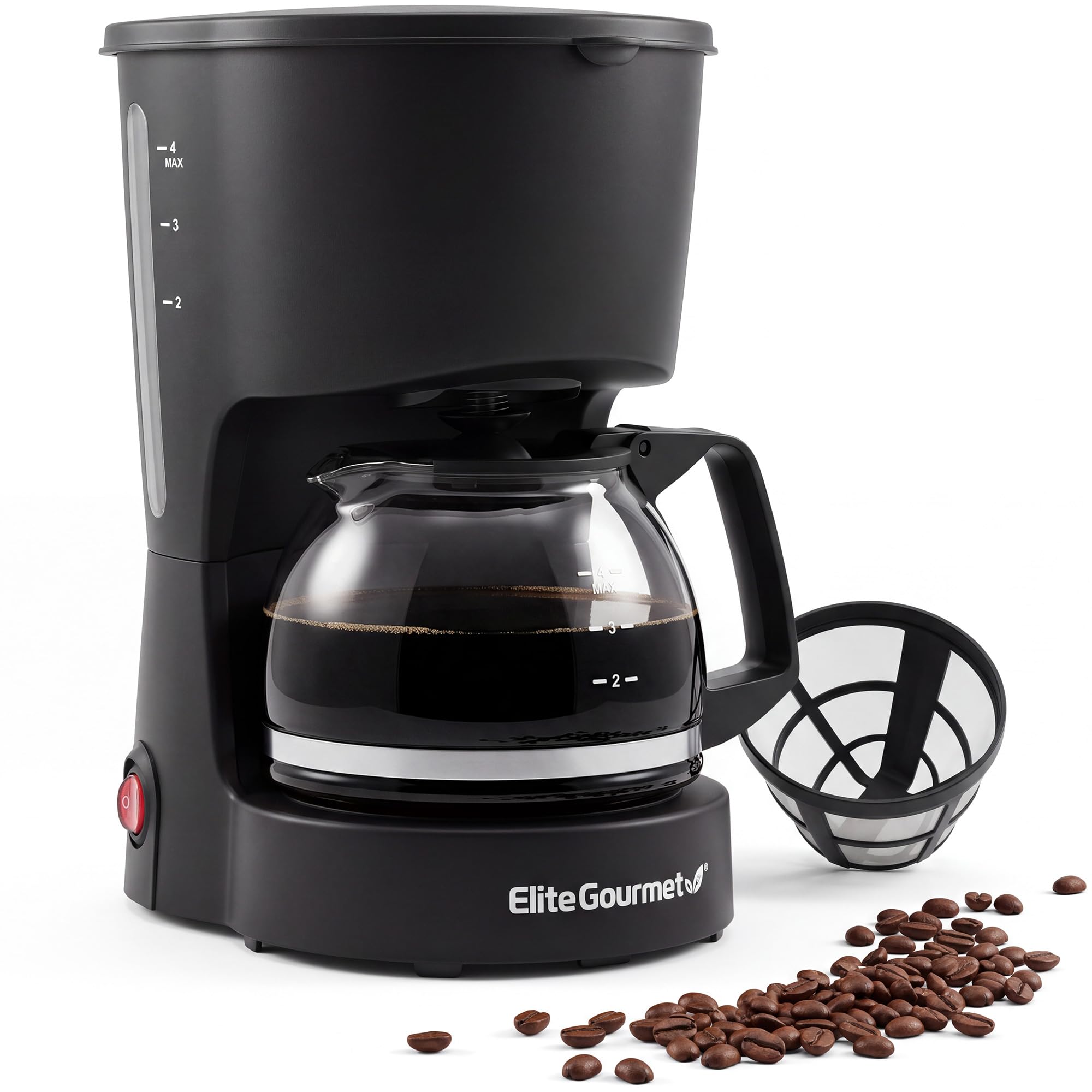 Elite Gourmet EHC4128 Automatic 4-Cup Drip Coffee Maker, Black | Glass carafe, Pause N Serve, reusable filter, On/Off switch, and Keep Warm with water level indicator