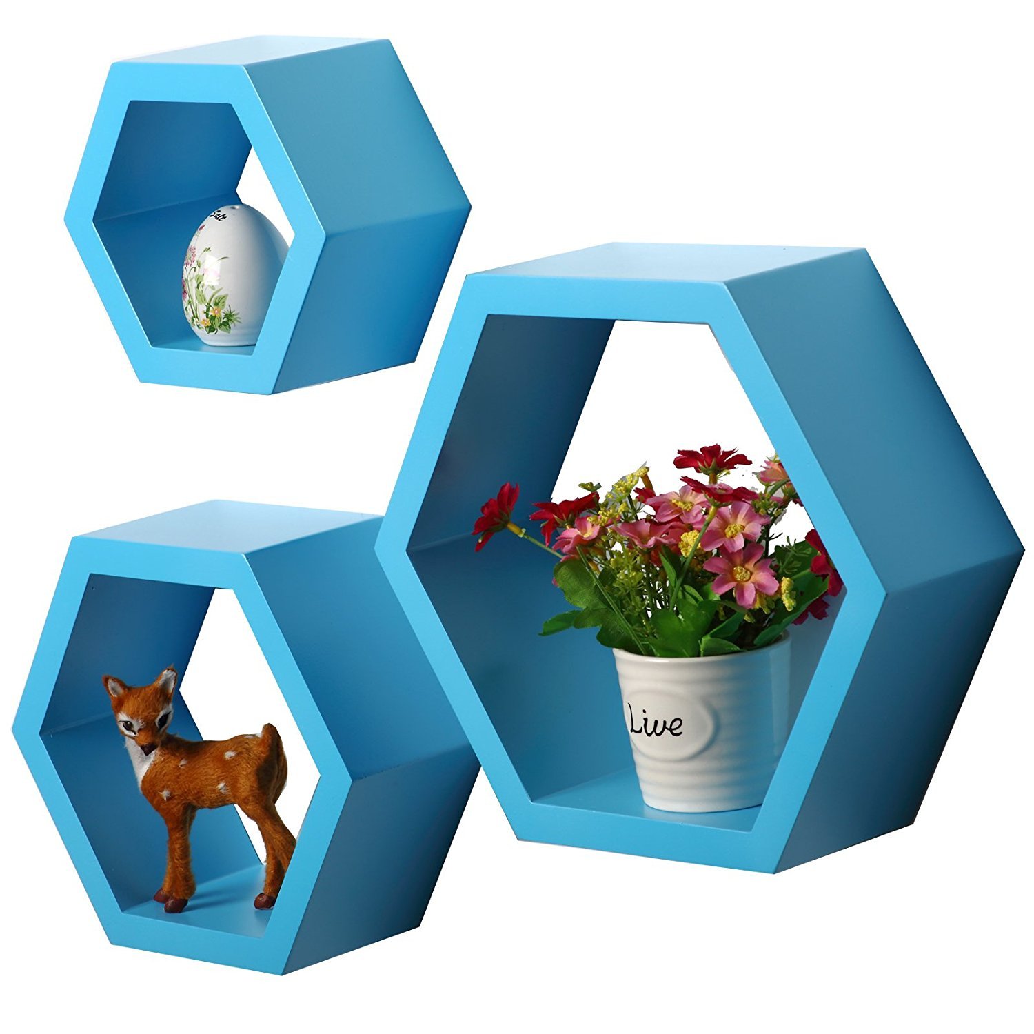 SHELVING SOLUTION Wall Shelf Rack Set of 3 Hexagon Shape Storage Wall Shelves for Home Sky blue