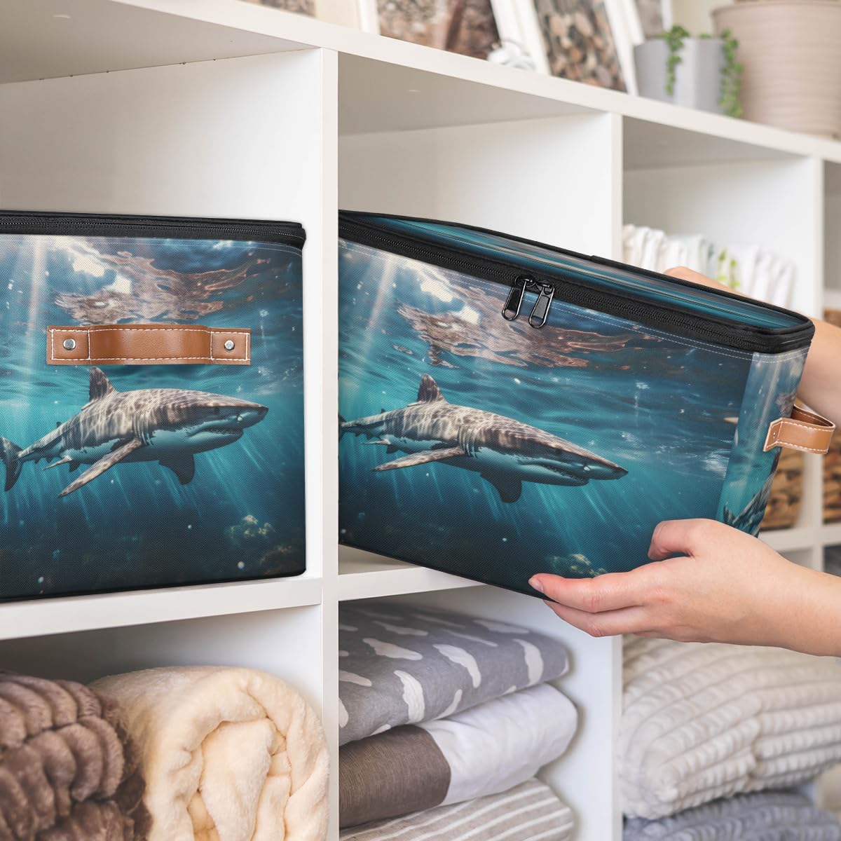Storage Bin Set of 2 Ocean Shark Storage Basket with Zipper Lid & Handle Foldable Closet Shelf 2 Pack Cloth Organizer Basket Cube Bins Clothes Organizer for Bedroom, Nursery