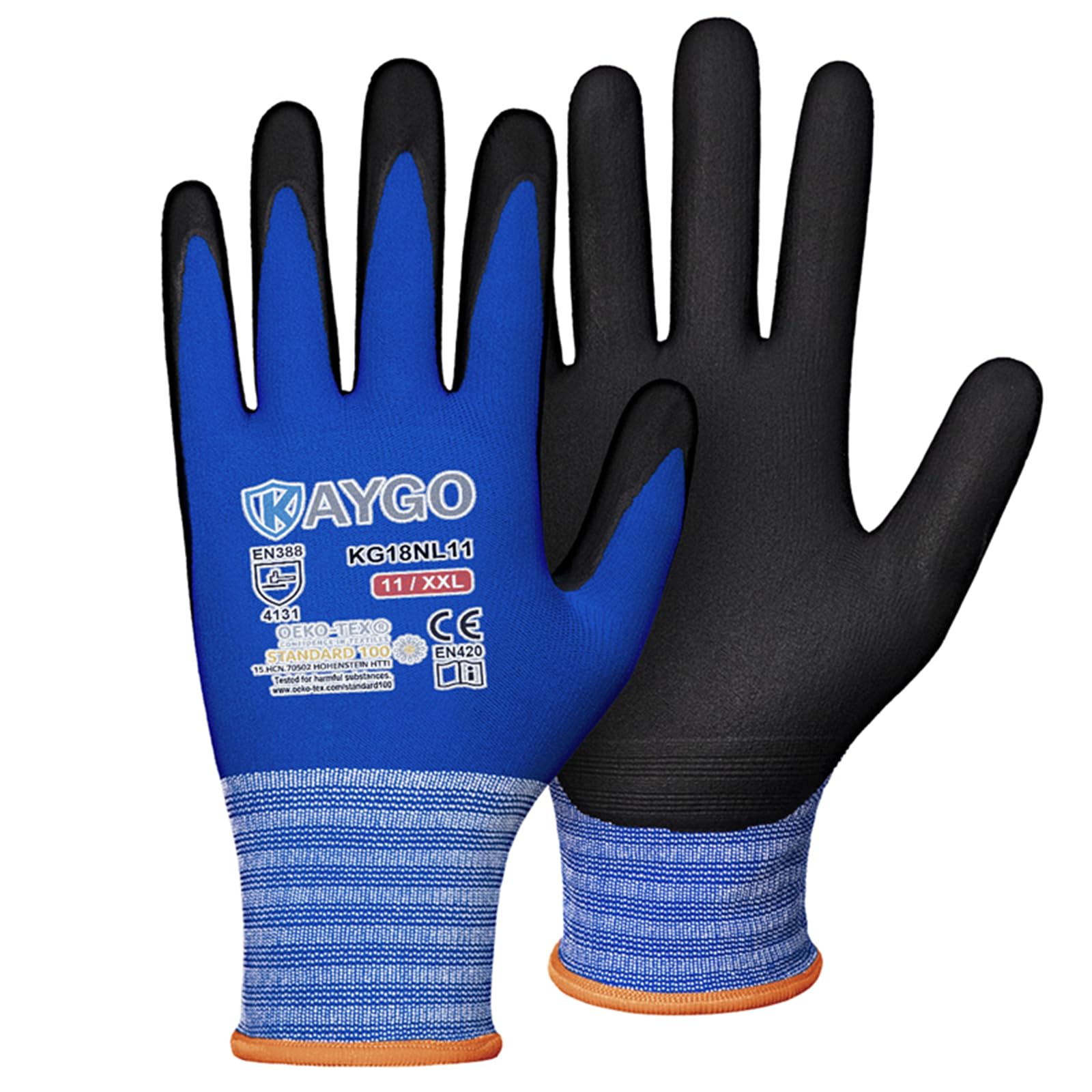 KAYGO Safety Work Gloves MicroFoam Nitrile Coated-3 Pairs, KG18NB,Seamless Knit Nylon Glove with Black Micro-Foam Nitrile Grip,Ideal for General Purpose,Automotive,Home Improvement,Blue XX-Large