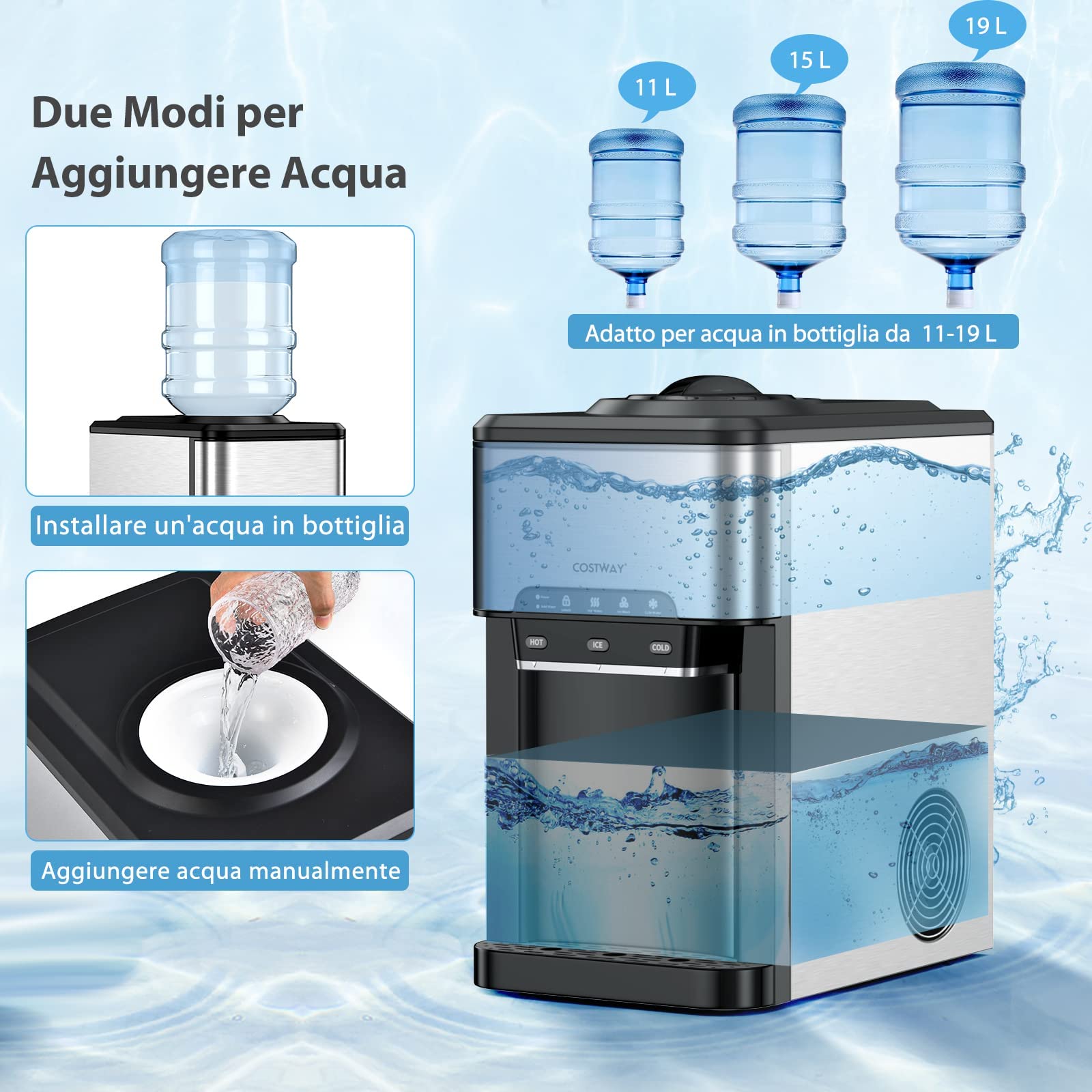 RELAX4LIFE 3 in 1 Erogatore Acqua in Acciaio Inossidabile con Macchina Ghiaccio 18,1kg/24 Ore, Ghiaccio in 10-13 Minuti, Distributore di Acqua Calda, Fredda e Ghiacciata per Casa e Ufficio