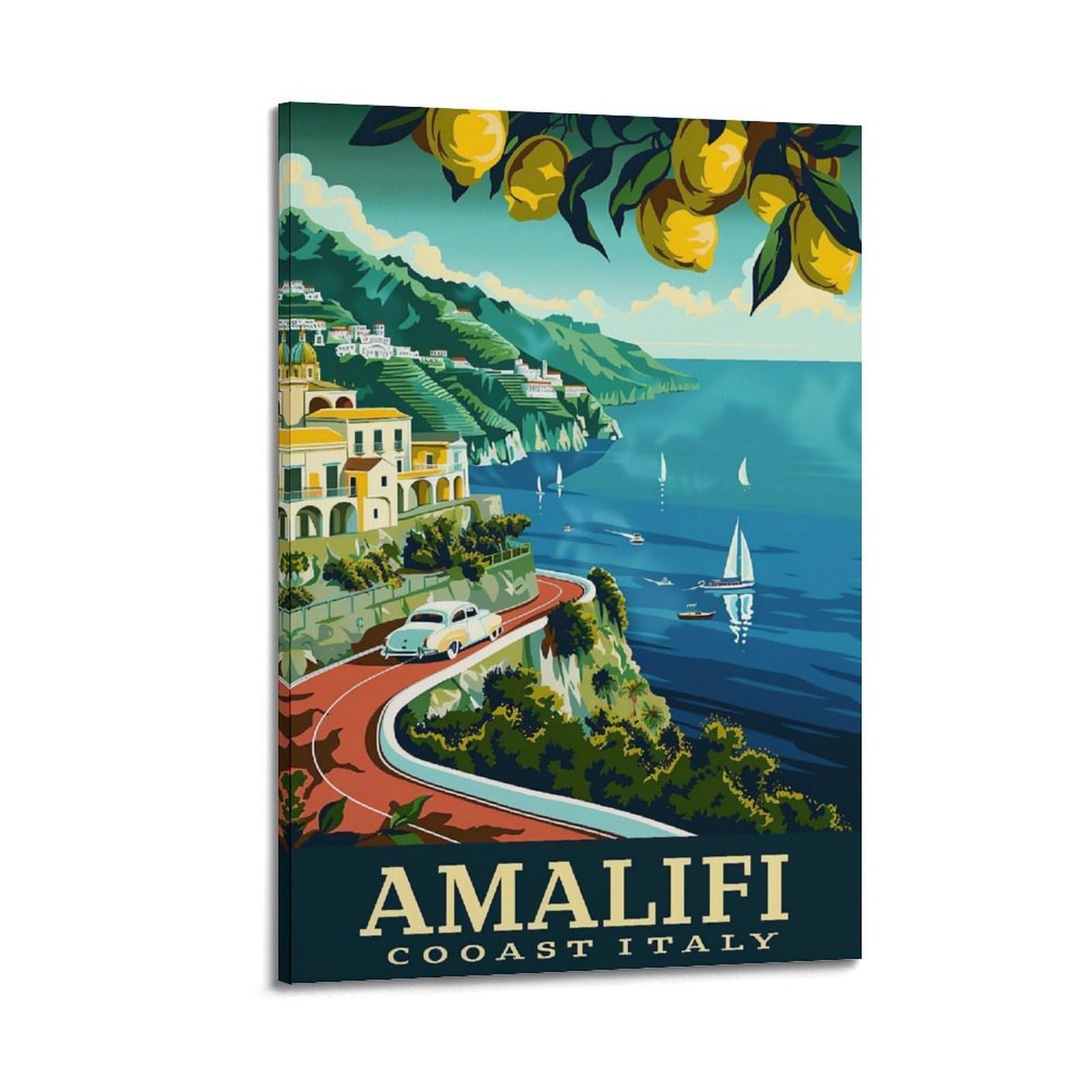 HUERYRYHY Amalfi Coast Italy Lemon Travel Poster Aesthetic Wall Art Painting Decor Vintage Canvas for Living Room Bed Room 12x18inch(30x45cm) Frame-style