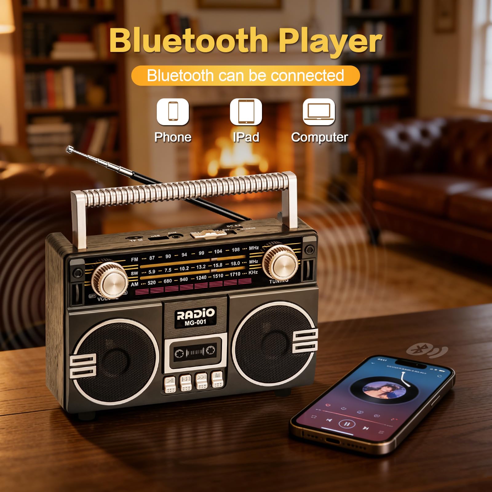 Tendak Retro Radio AM/FM/SW, Nostalgie Radio mit 1200mAh Akku, Kofferradio mit 6.0 Bluetooth, Küchenradio Unterstützt USB/TF/AUX Funktion, großem 5-W-Lautsprecher