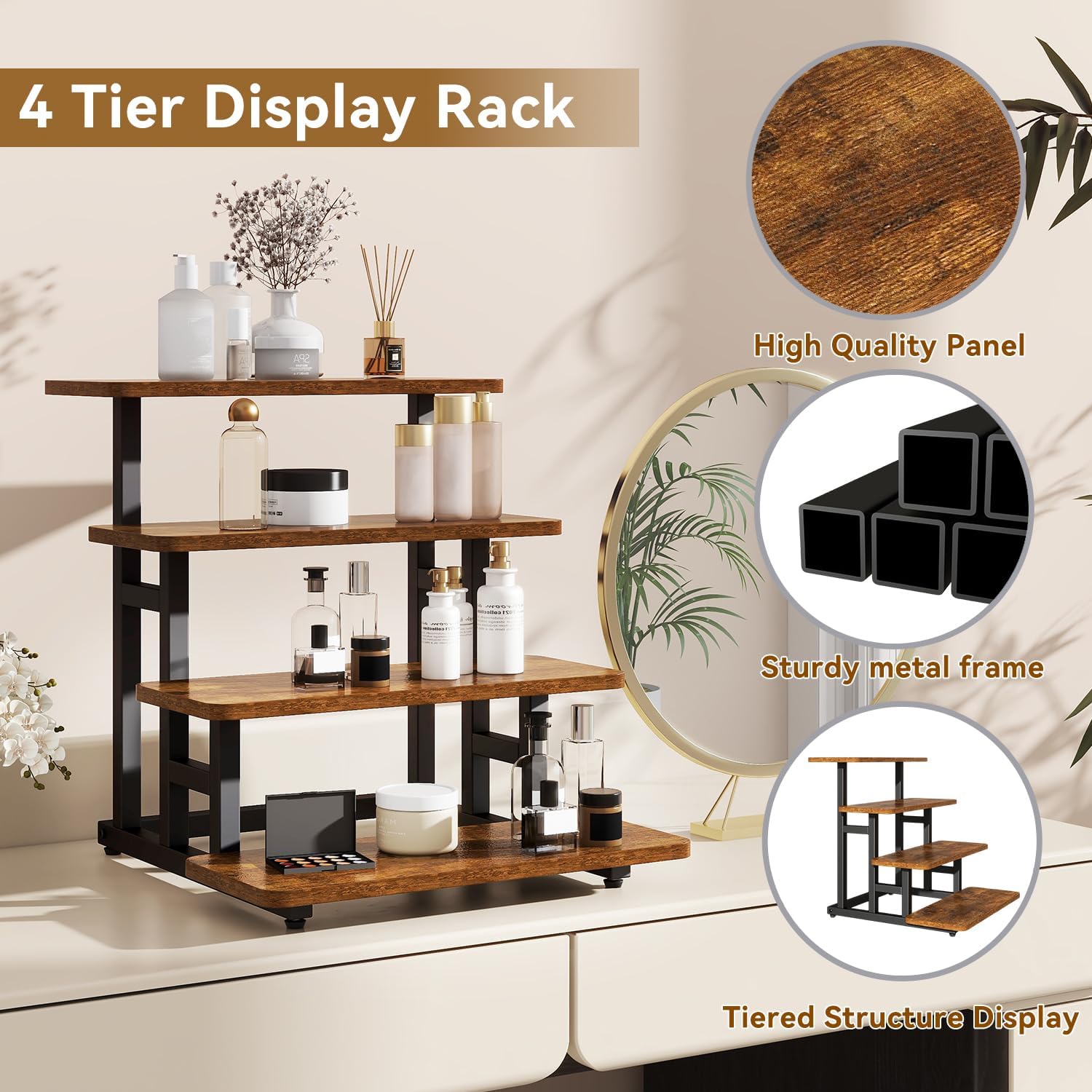 IBUYKE 4 Tier cupcake stand,Wooden Risers Display Stands,Tiered Display Stand for food,Dessert Table Display for Party,Afternoon tea, Family Gatherings,Rustic Brown UTLJ018H - Image 4