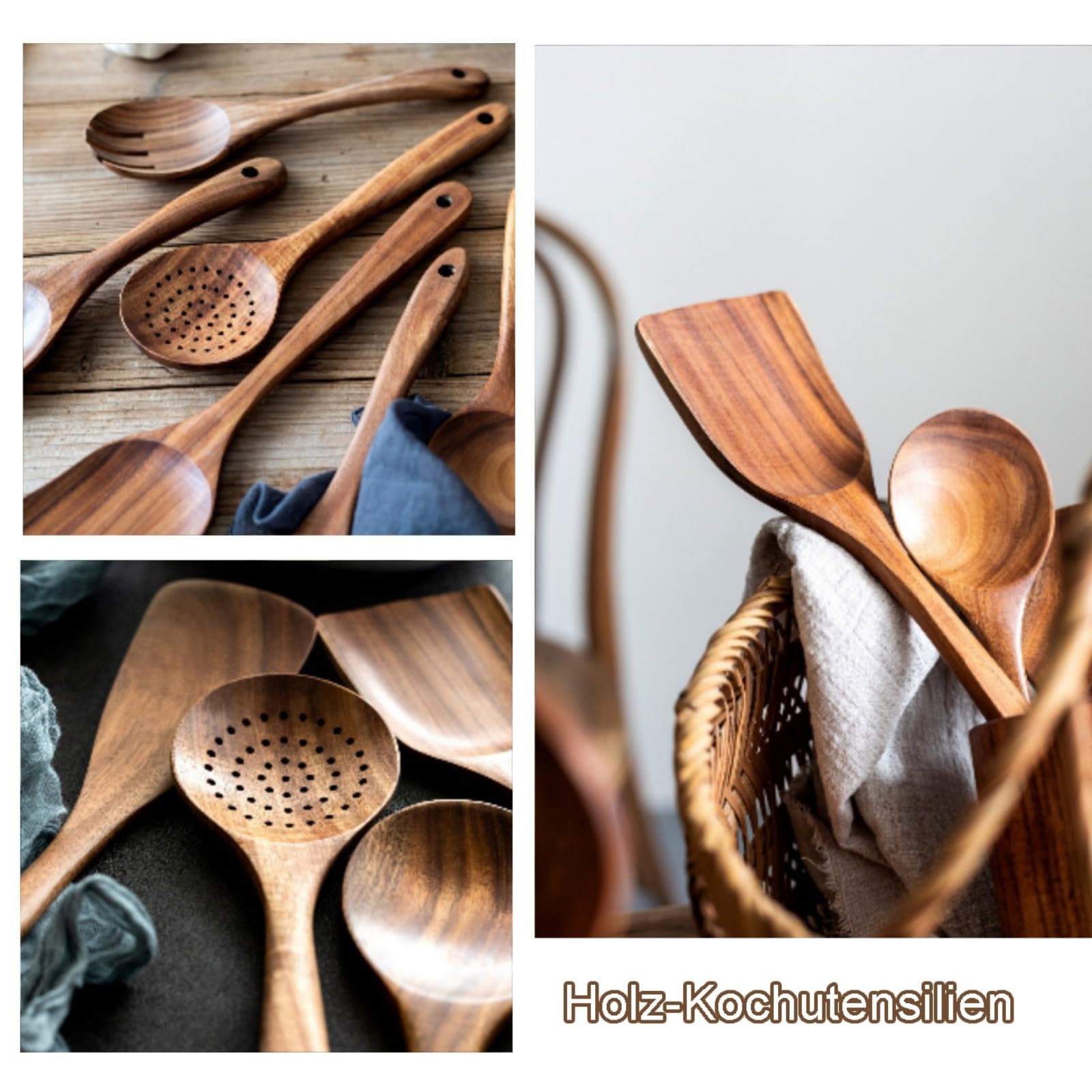 Holz Kochbesteck Set, Küchenhelfer Set aus Teakholz, 8 teiliges Premium Kochlöffel Set, Holzspatel zum Kochen, Rühren und Braten für die Küche