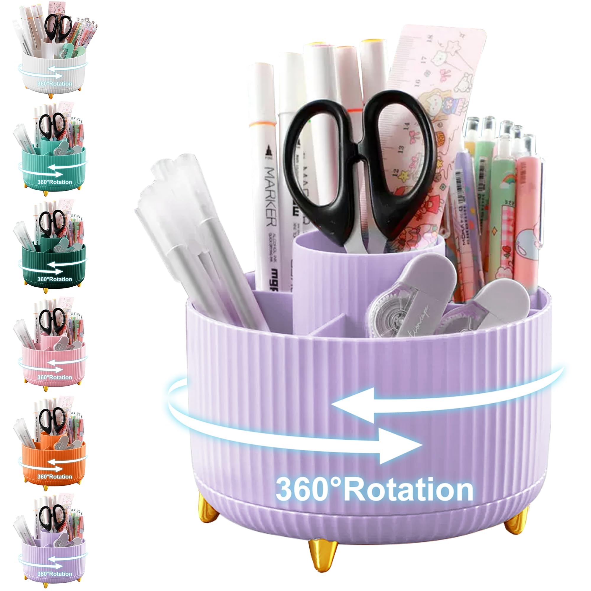 Pencil Holder For Desk,5 Slots 360°Degree Rotating Desk Organizers And Accessories,Desktop Storage Stationery Supplies Organizer, Cute Pencil Cup Pot For Office, School, Home (I-Purple)