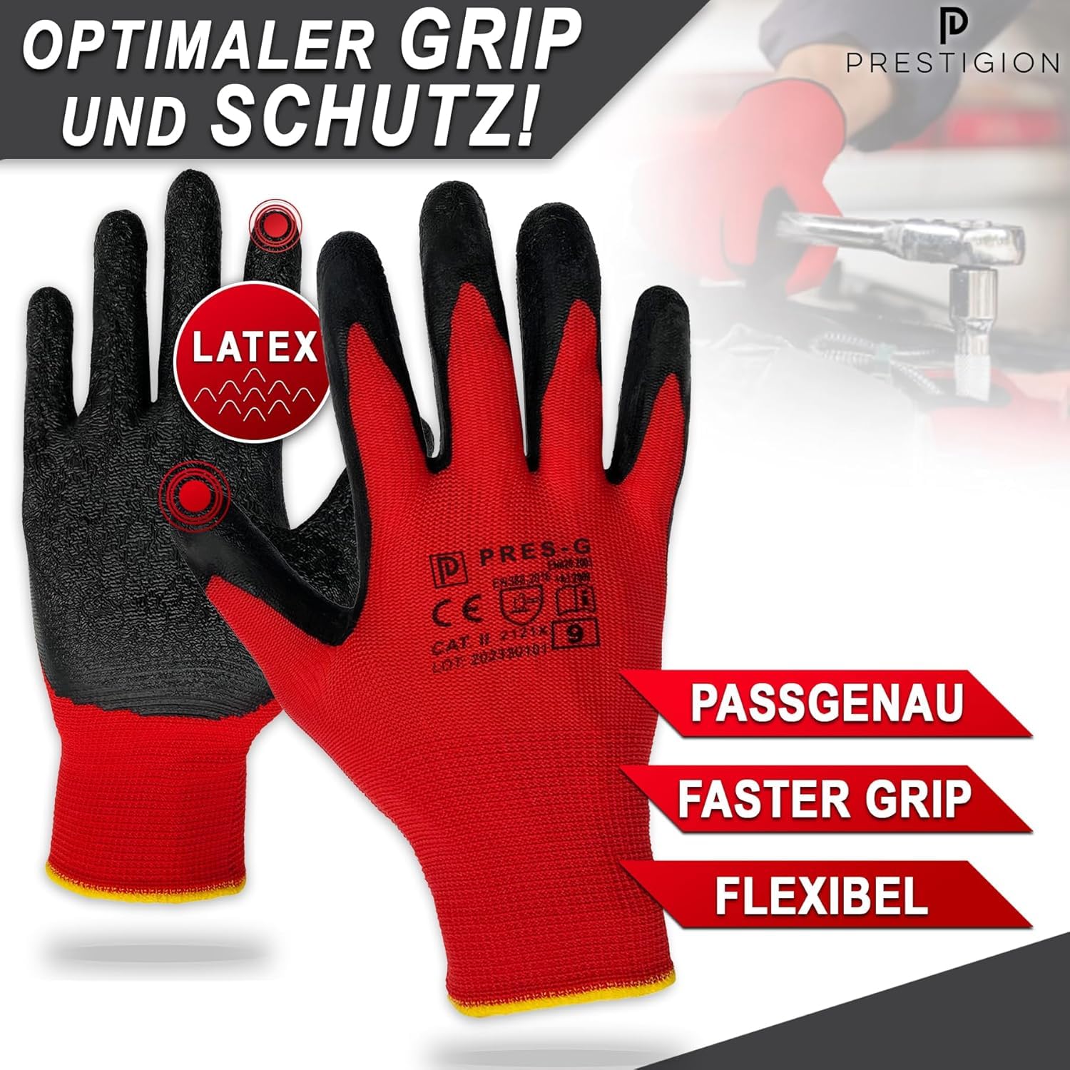 Gants de Travail, Taille 10-XL, 72 Paires - Gants en latex pour le travail - Résistants à l'abrasion - Idéals pour les chantiers, les bricoleurs ou le jardinage