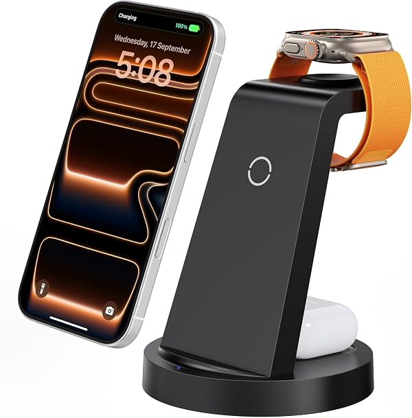 Estación de Carga 3 en 1 Anlmz - Cargador Inalámbrico para Múltiples Dispositivos Apple | Soporte de Carga Rápida para iPhone 17-8 iWatch Airpods 4 3 Pro Sin Cables Enredados Ideal para Escritorio y Mesita de Noche con Adaptador de 18W Negro
