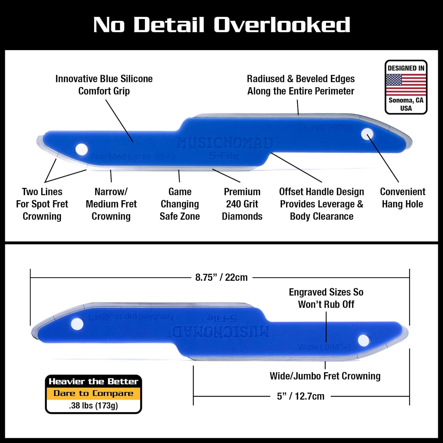 MusicNomad MN850 Diamond Coated, Safe Zone Guitar Fret Crowning File & Luthier Tool (S-File)