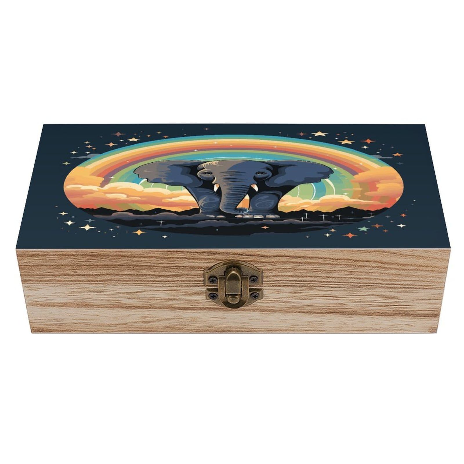 Btcowzrv Style A Cute Elephant On A Rainbow Background Wooden Storage Box, Keepsake Box With Hinged And Retro Lock, Wood Jewelry Organizer For Photos & Mementos And Home Decor