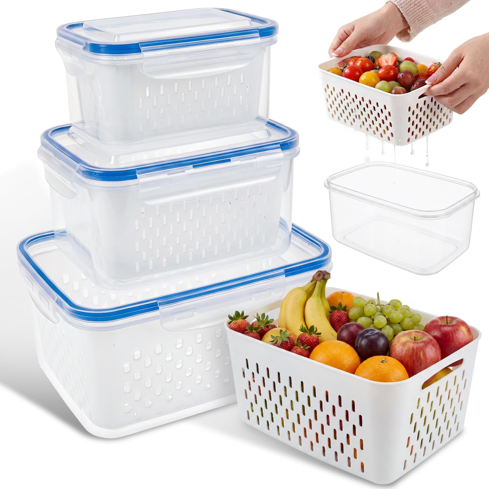 Nzwbshssp Clear Airtight Fruit Storage Containers For Fridge (Set Of 3) - Produce Saver With Removable Colanders & Locking Lids - Bpa-Free Berry, Salad & Veggie Keep-Fresh Bins - Stackable Kitchen Organisers