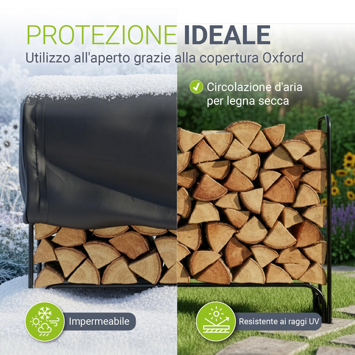 Juskys portalegna M 130x117x36 cm – nero, struttura in acciaio con telo Oxford, porta legna per esterno & terrazzo, portata 200 kg