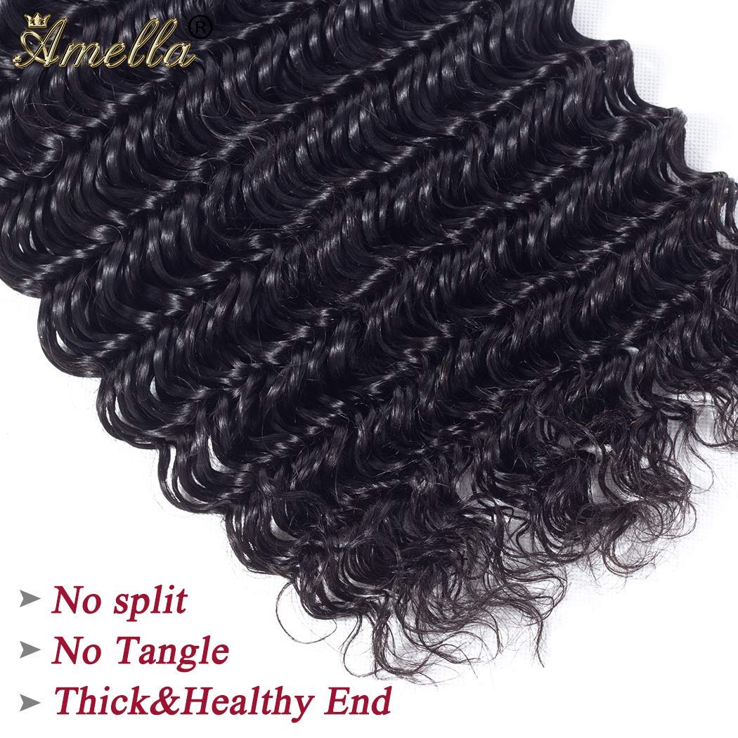 Amella Hair Brazilian Deep Wave Hair Bundles 14Inch 100% Unprocessed 1 Bundle Deep Wave Hair Weave Bundles Deep Curly Human Hair Bundles Natural Color