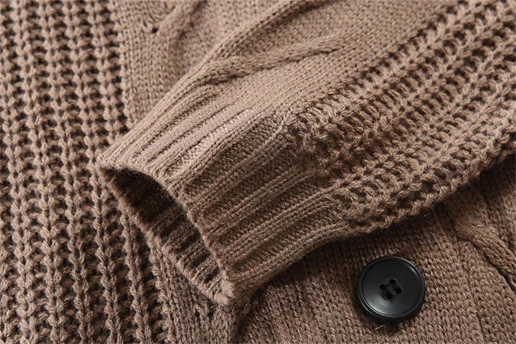 Men's Winter Thick Warm Sweater Long Sleeve Shawl Collar Single Breasted Cable Knitted Coat