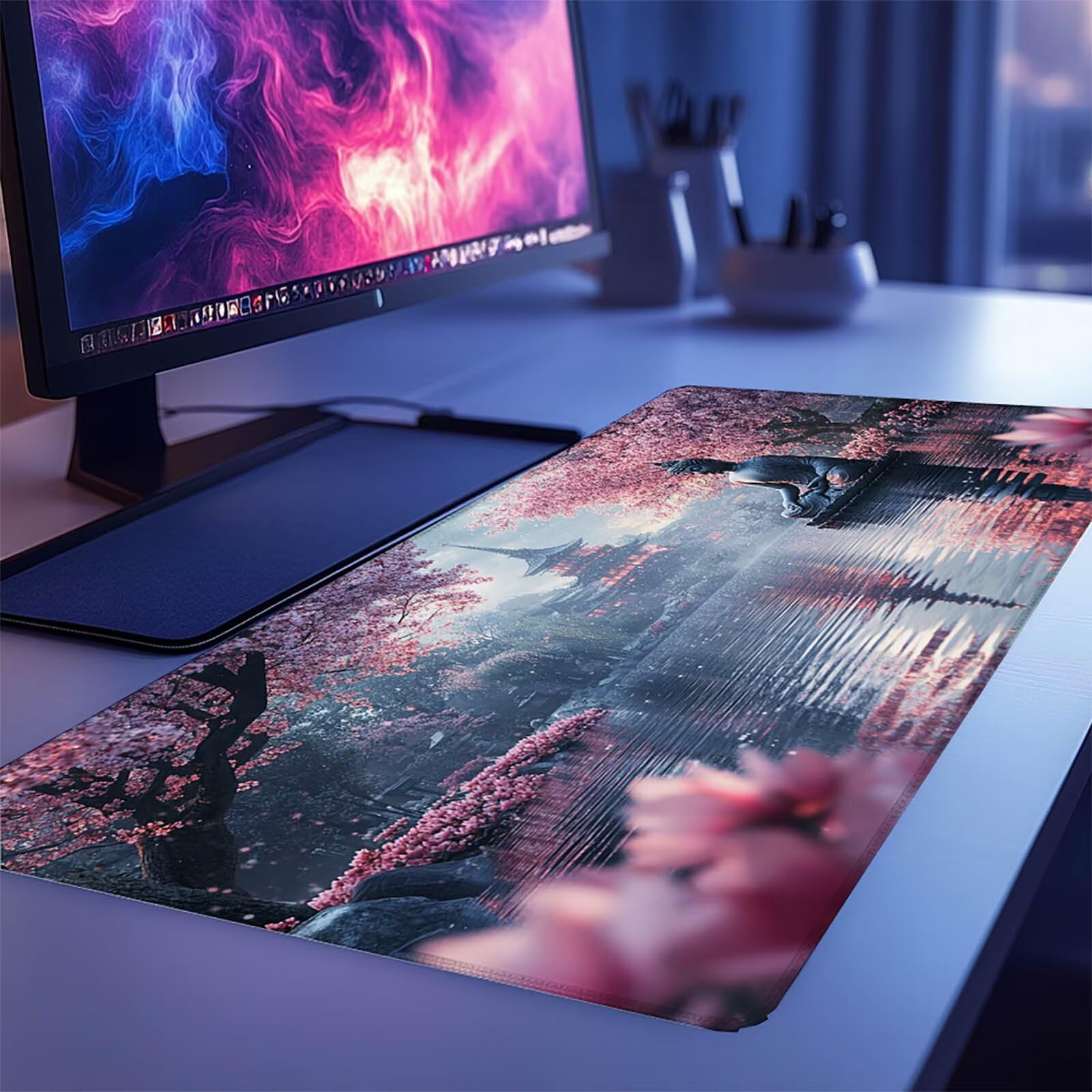 Podkładka pod mysz XXL 1400 x 600 x 3 mm, duża mata na biurko jezioro, antypoślizgowe i wodoodporne szyte krawędzie, Zen Mouse Pad kompatybilna z bezprzewodową klawiaturą i myszą, akcesoria biurowe do
