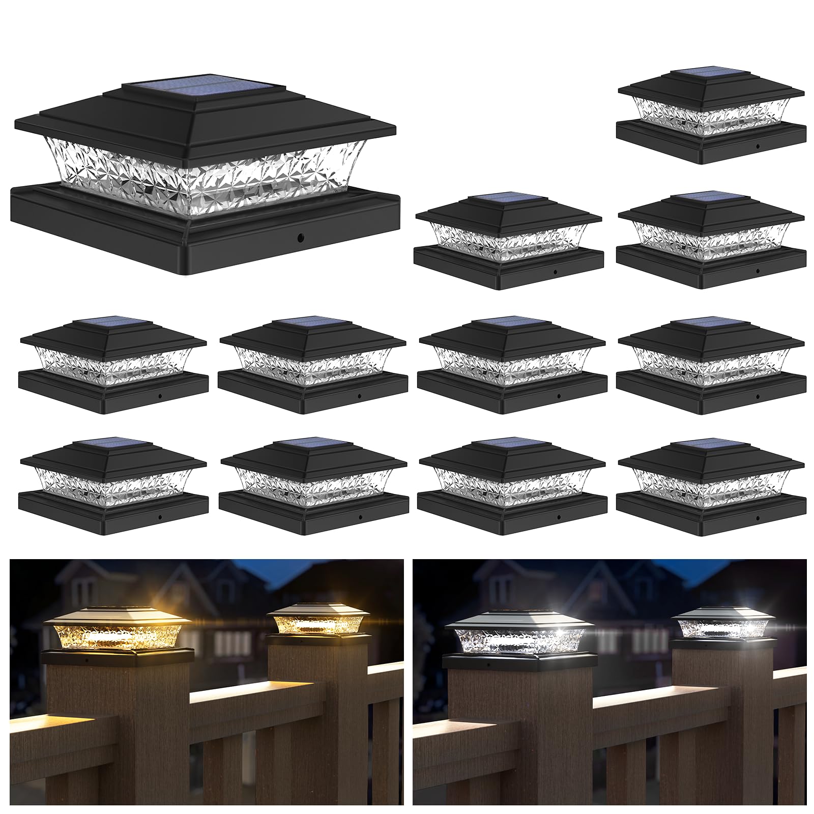 APONUO Solar Post Lights Outdoor, 2 Lighting Modes 16 LEDs Solar Post Cap Lights for 4x4 5x5 6x6 Vinyl Wooden Posts Waterproof Fence Post Lights Solar Powered for Deck/Fence/Porch (Black,12 Pack)
