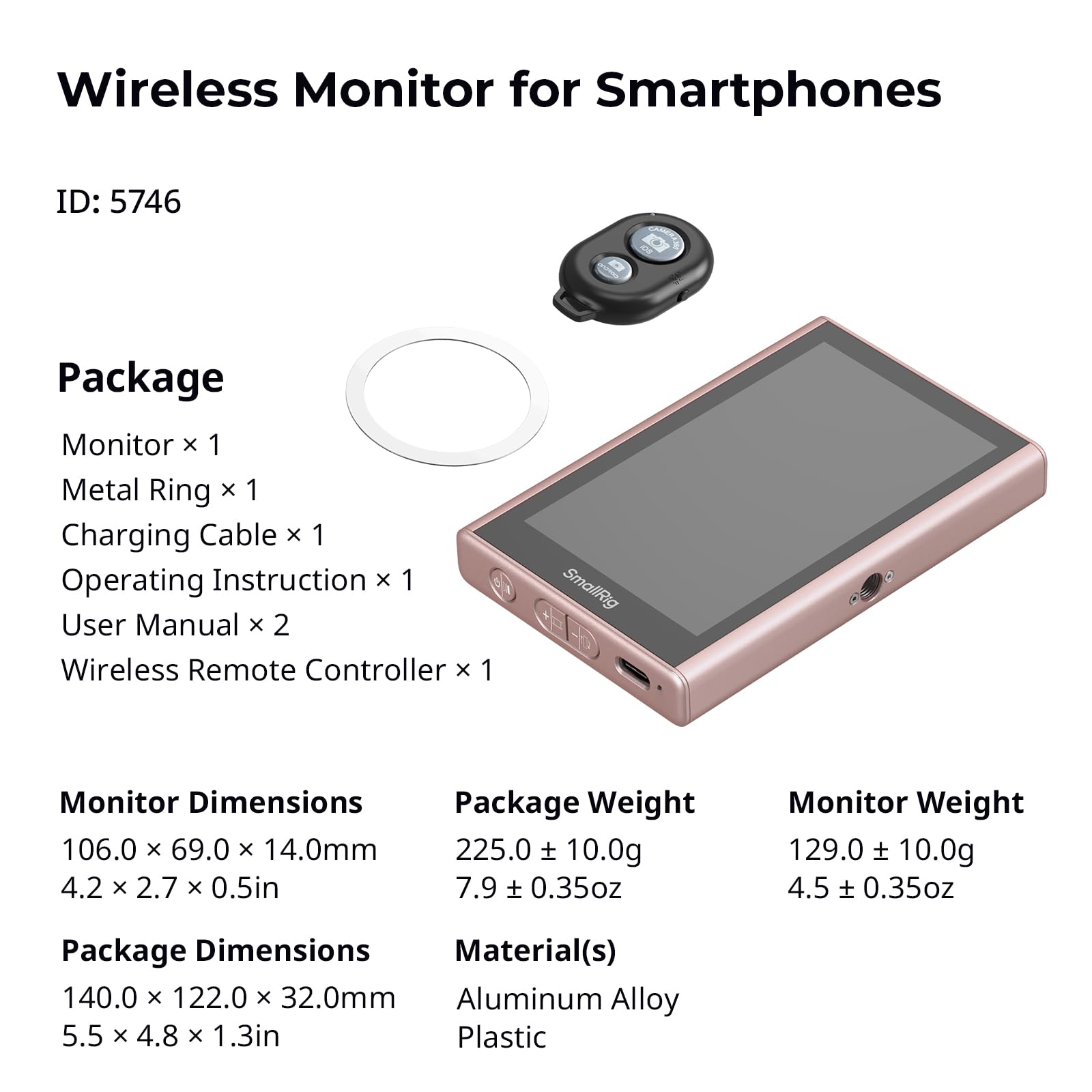 SmallRig Schermo monitor rosa per telefono con controllo wireless, registrazione wireless 1080P, monitor video magnetico per MagSafe per iPhone, per vlog - 5746