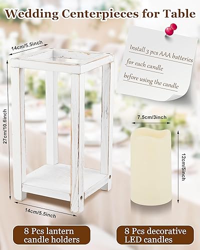 Miniatura 2 de Juego de 16 faroles de madera para velas, incluye 8 centros de mesa rústicos para mesa y 8 velas LED decorativas sin llama para decoración de bodas