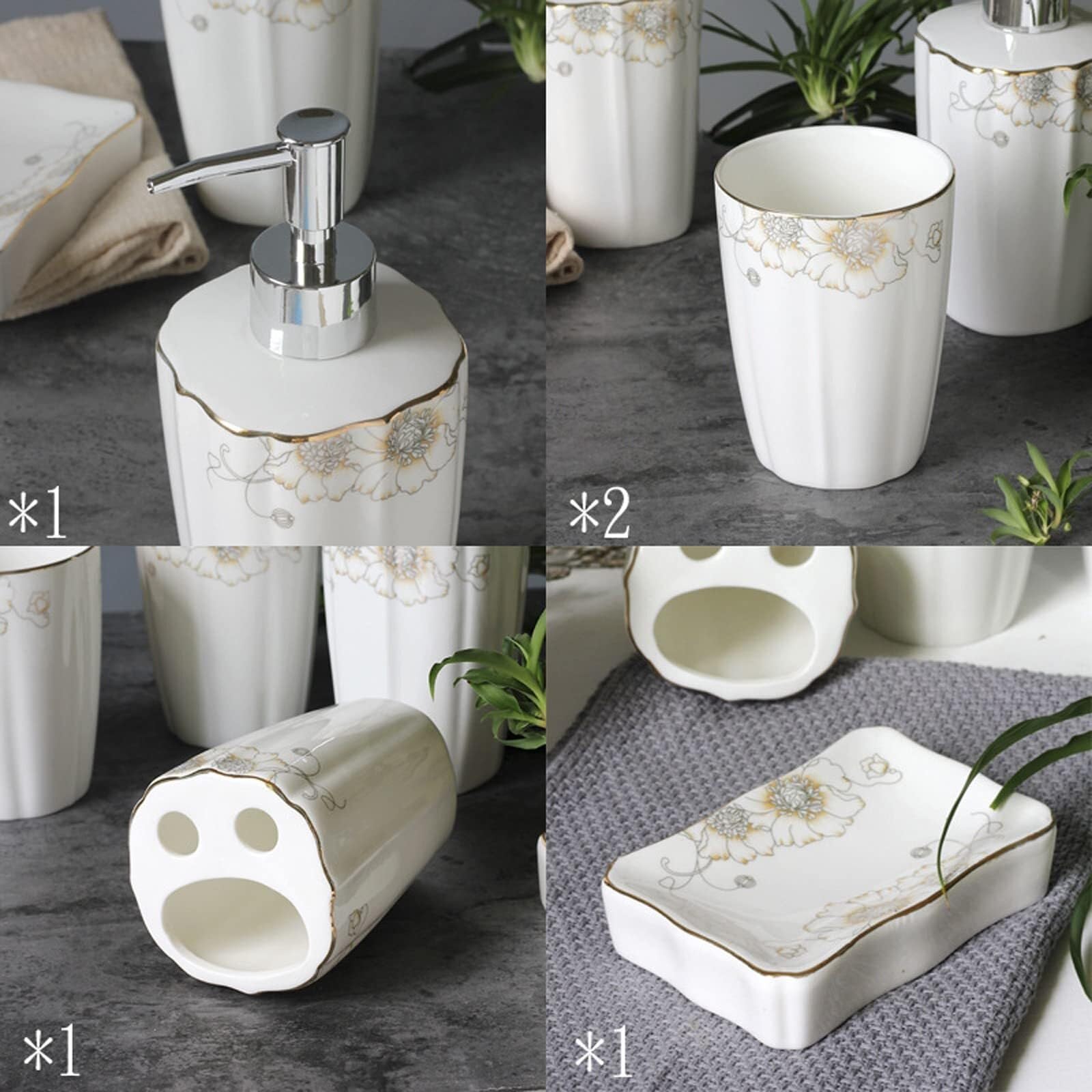 Juego de Accesorios para baño Juego de Accesorios baño 5 Piezas: dispensador jabón, Porta cepillos Dientes, Vaso, Plato. Decoración Decoración Ideal para inquilinos(Silver)