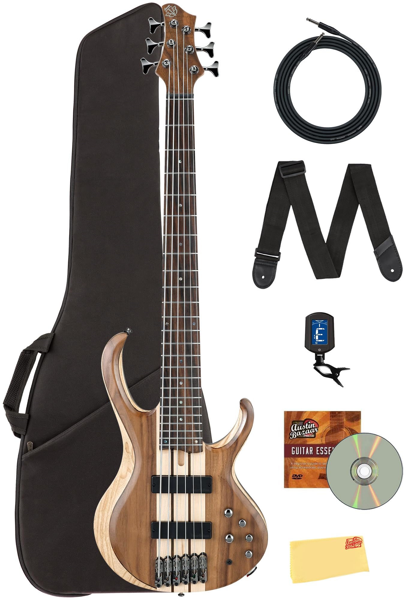 Ibanez BTB746 Standard 6-String Bass Guitar - Natural Low Gloss Bundle with Gig Bag, Tuner, Strap, Instrument Cable, Austin Bazaar Instructional DVD, and Polishing Cloth