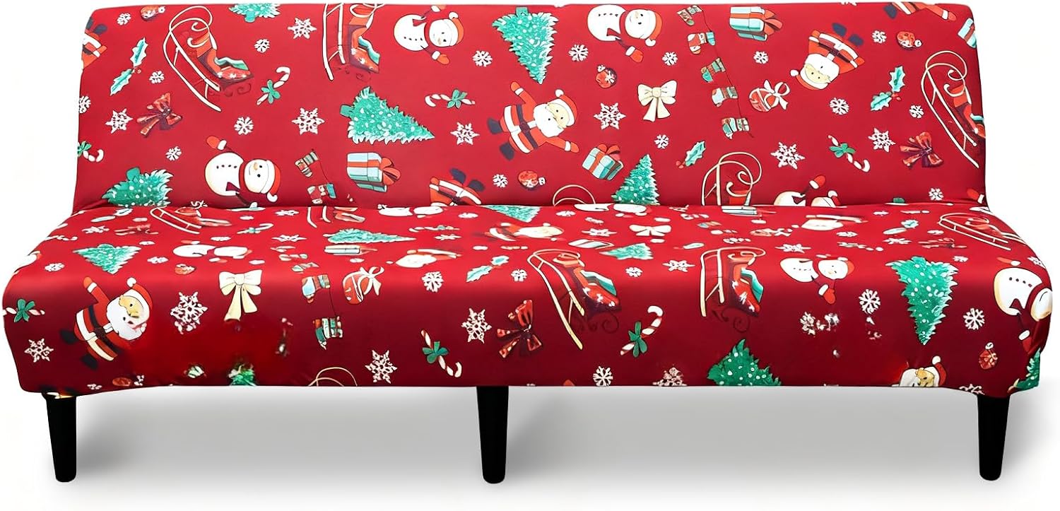 Stretch Armless Sofa Cover Futon Slipcover Elastic Spandex Folding Sofa Bed Non-Armrest Couch Cover Furniture Protector for Foldable Sofa Without Armrests (Christmas Red)