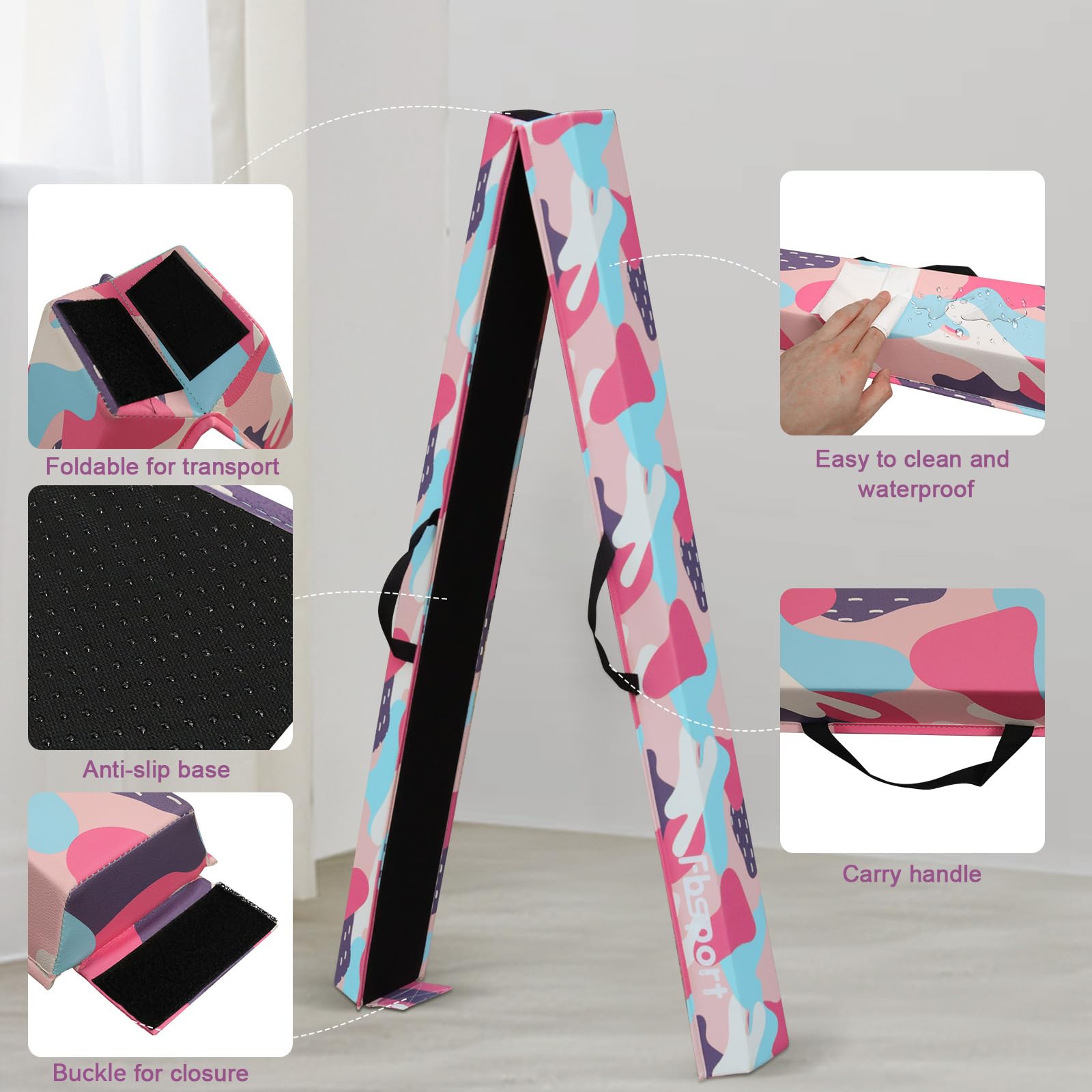 FBSPORT Trave Ginnastica Artistica per Casa 240/270/300 cm in Pelle PU, Trave di Equilibrio Pieghevole con Fondo Antiscivolo per Bambini, Principianti e Ginnasti Professionisti