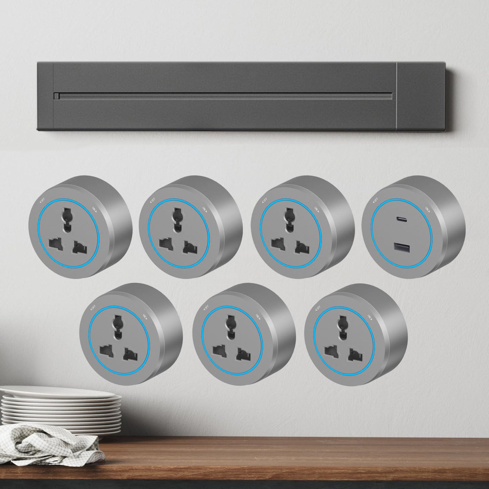 Presa Elettrica Per Binario Con Interruttore (Binario + Adattatori A Tre Fori + Adattatori Usb/Tipo C), Presa Elettrica Scorrevole Universale Da 8000 W Per Cucina E Ufficio,Grey-75cm