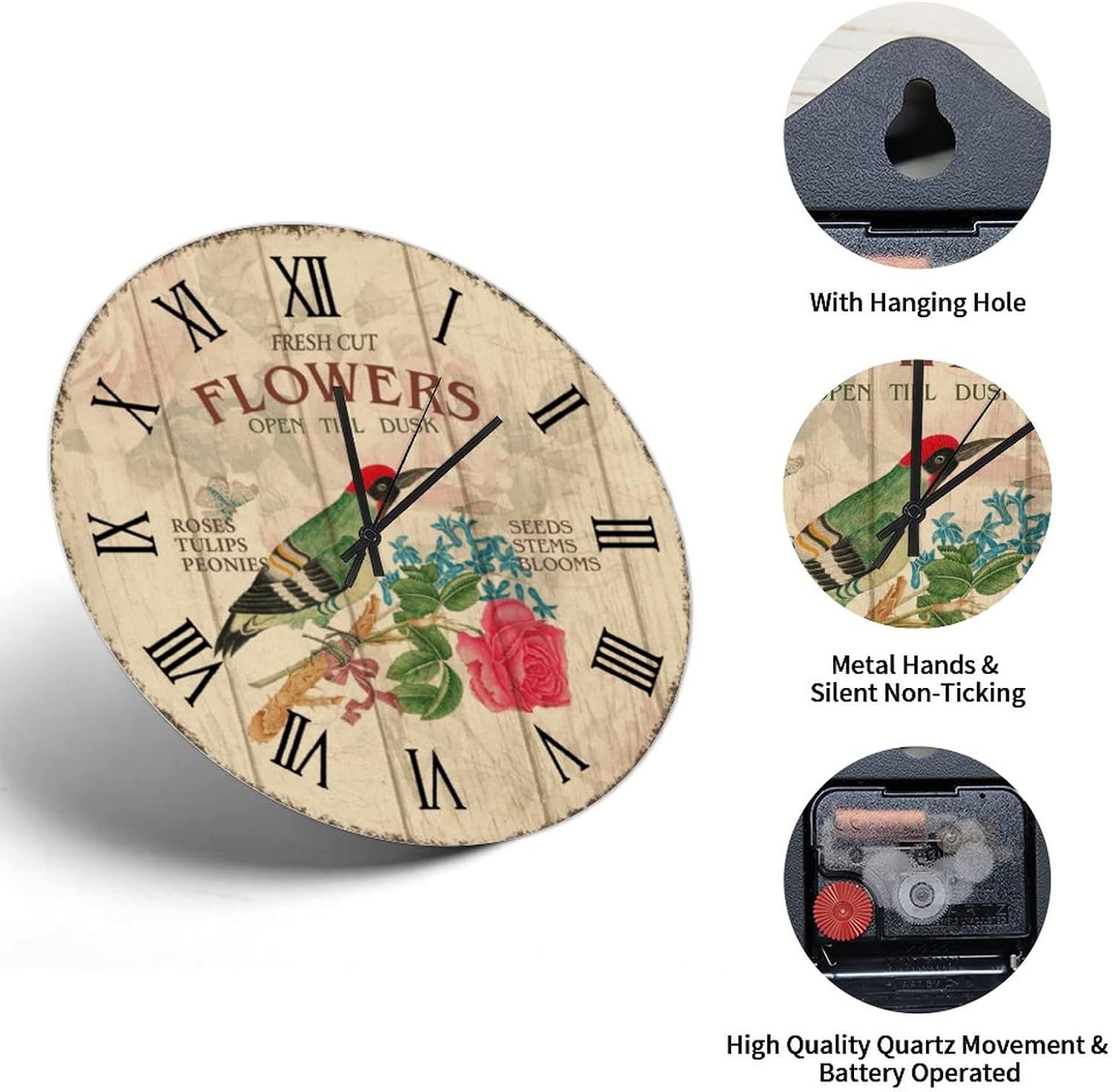 Fresh Cut Rose Wall Clock Roman Numerals Wooden Wall Clock 10in Rustic Non-Ticking Sweep Quartz Battery Operated Tuscan Style Popular Wall Decor for Farmhouse Dining Room Office Man Cave image 3