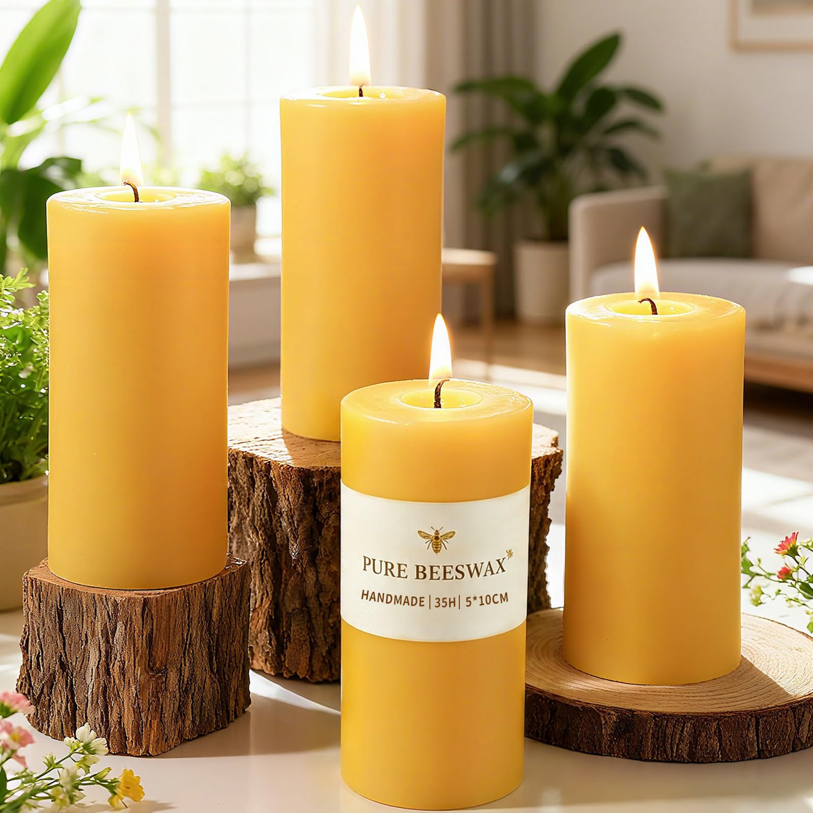 4 Pack Beeswax Pillar Candles, Each 35 Hours Long Burning Pure Natural Beeswax Candles for Home,Perfect for Relaxation and Ambiance-4.5cm W x10cm H