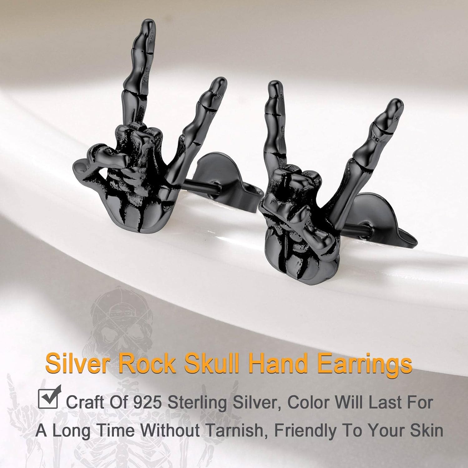 SILVERCUTE Skull Stud Earrings, Men Womens Personalized Punk Gothic Earrings, Sterling Silver Bat/Fire/Skeleton/Skull Hand Earrings for Halloween Party, Hypoallergenic