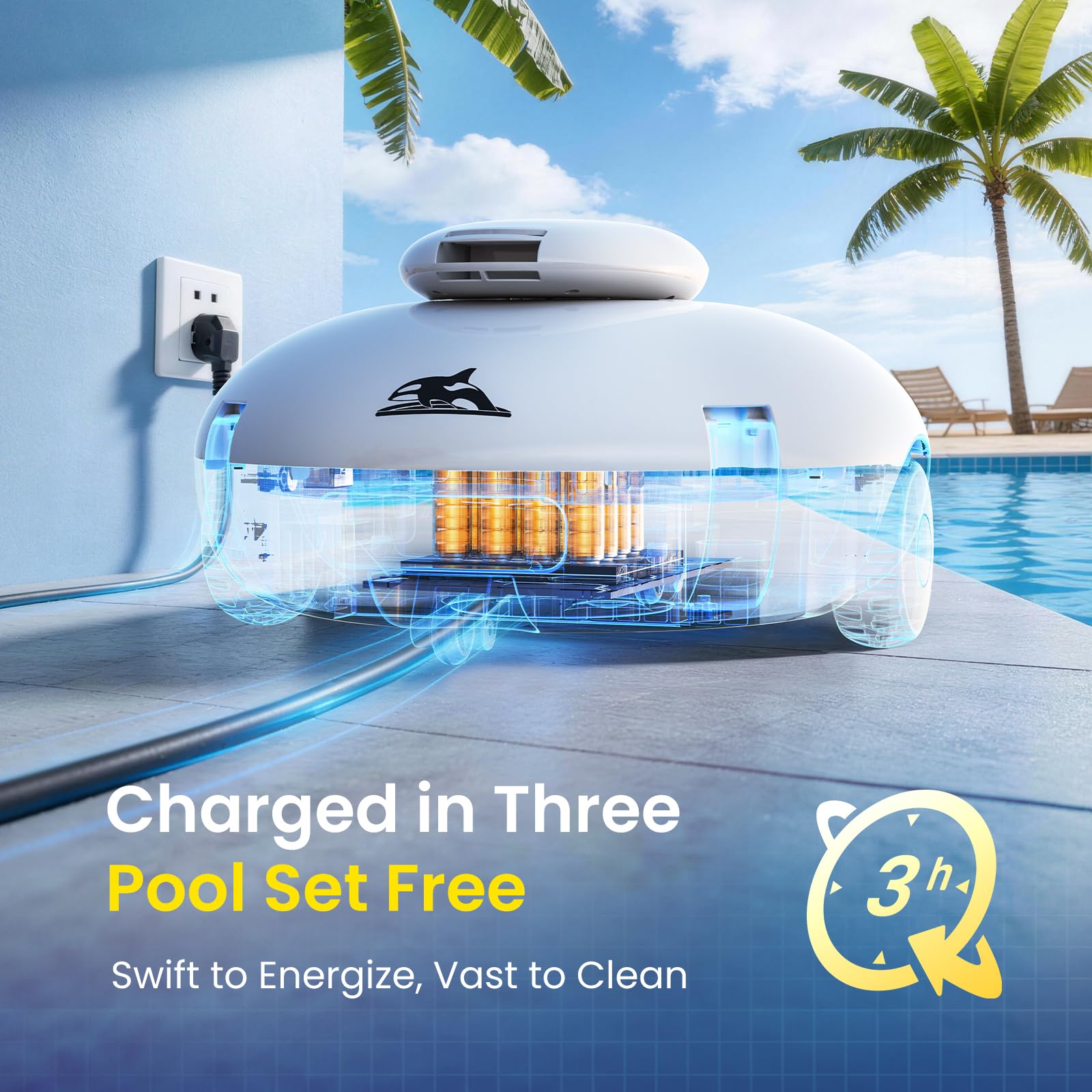 Robot nettoyeur de piscine sans fil pour piscines hors sol/creusées | Aspirateur de piscine à autonomie de 120 minutes, forte aspiration pour sable et feuilles, stationnement automatique