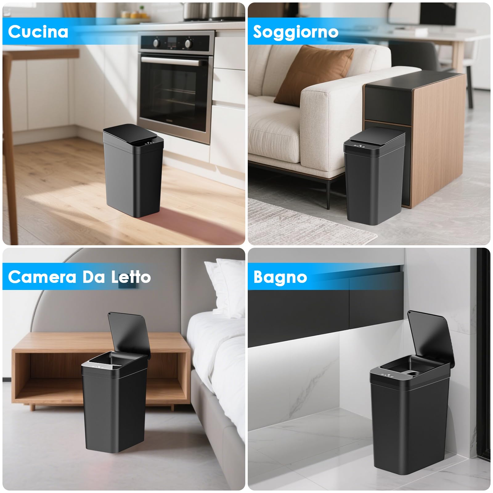 2 Cestino Bagno Pattumiera, Cestino Spazzatura Bagno Piccola da 15L & 12 litri, 3 Modalità di Funzionamento, Cestino Intelligente Silenzioso e Impermeabile, per Cucina, Ufficio, Soggiorno