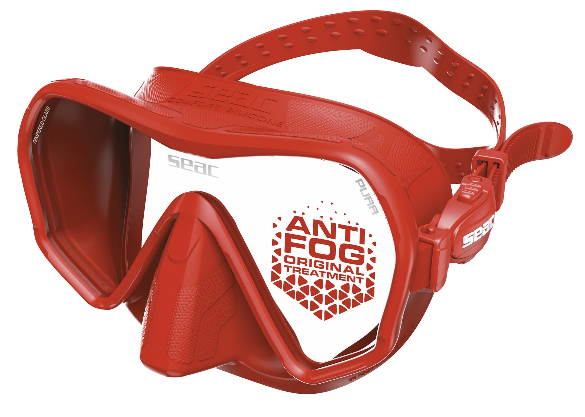 SEAC Pura – Frameless Single-Lens Silicone Diving Mask | Antifog Low Volume Mask for Diving and Snorkeling with 3D Buckle, Red