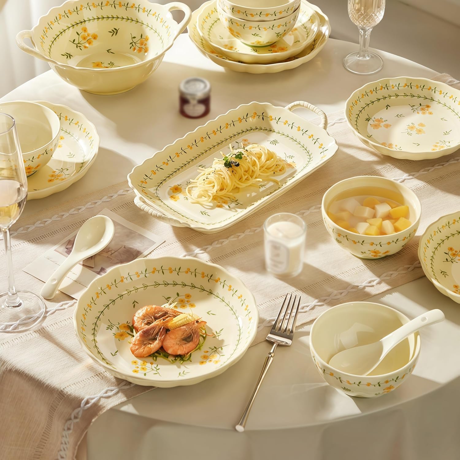 Porcelanowy zestaw zastawy stołowej dla 2 osób, talerze kamionkowe, miski garnek do zupy, łyżki, pałeczki, elegancka jadalnia, 13 sztuk