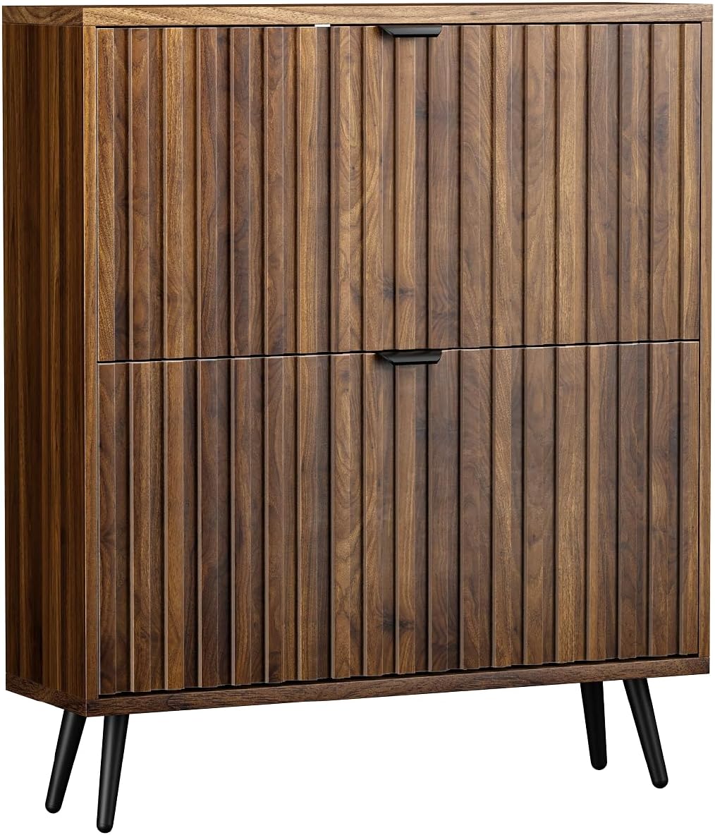 Shoe Storage Cabinet, Fluted Shoe Cabinet Storage for Entryway, Walnut Hidden Shoe Cabinet with Metal Legs,Shoe Organizer Cabinet with Flip Doors, Slim Entryway Shoe Storage Cabinet ๏ผ31.5in๏ผ