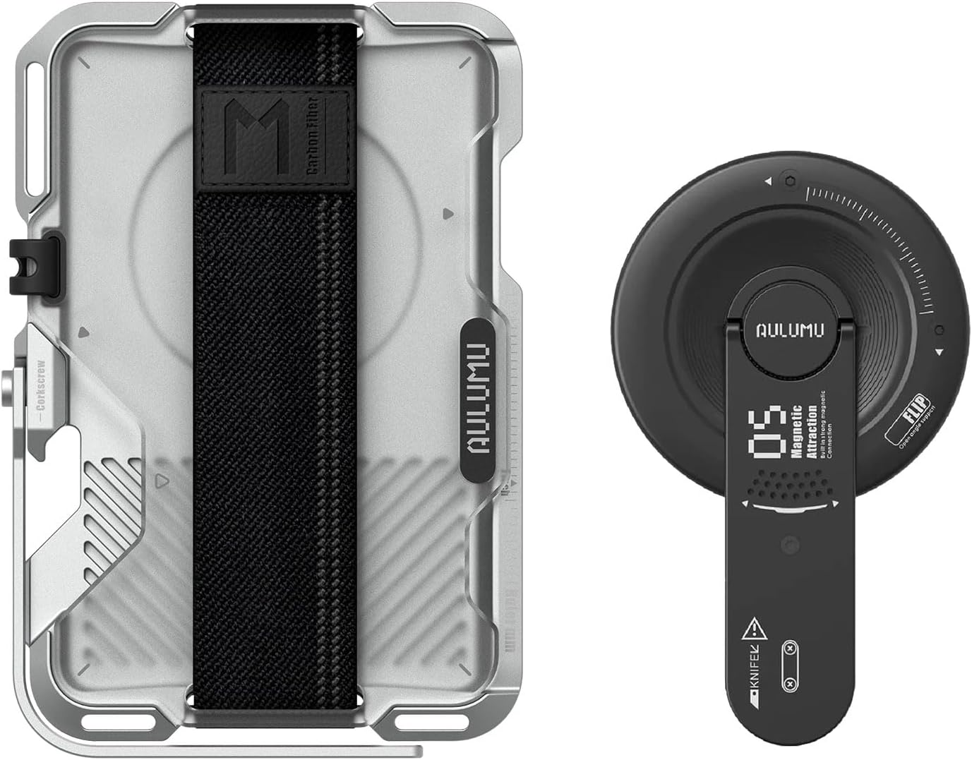 Aulumu G05 MagSafe Stand Grip [Black] + G03 Transparently Magnetic Wallet Card Holder [Translucent White] Magnetic Stand Grip Kit