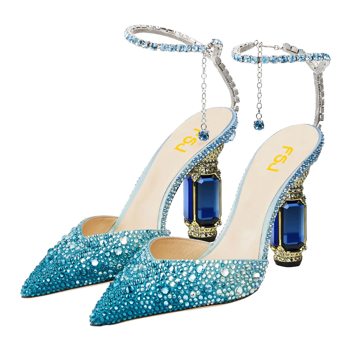 FSJ Women Bridal Heeled Sandals Pointy Toe Crystal Chain Ankle Strap Pumps Luxury Rhinestone Embellished Chunky Heels Wedding Party Dress Shoes Size 4