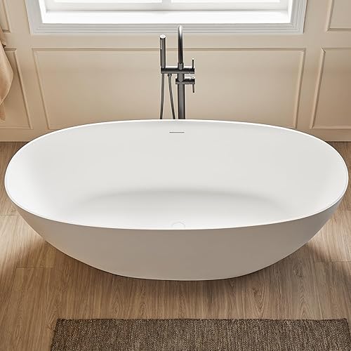 Miniatura 9 de Cpingao Bañera independiente de superficie sólida de 63", bañera de remojo moderna de forma ovalada, bañera independiente de resina de piedra con